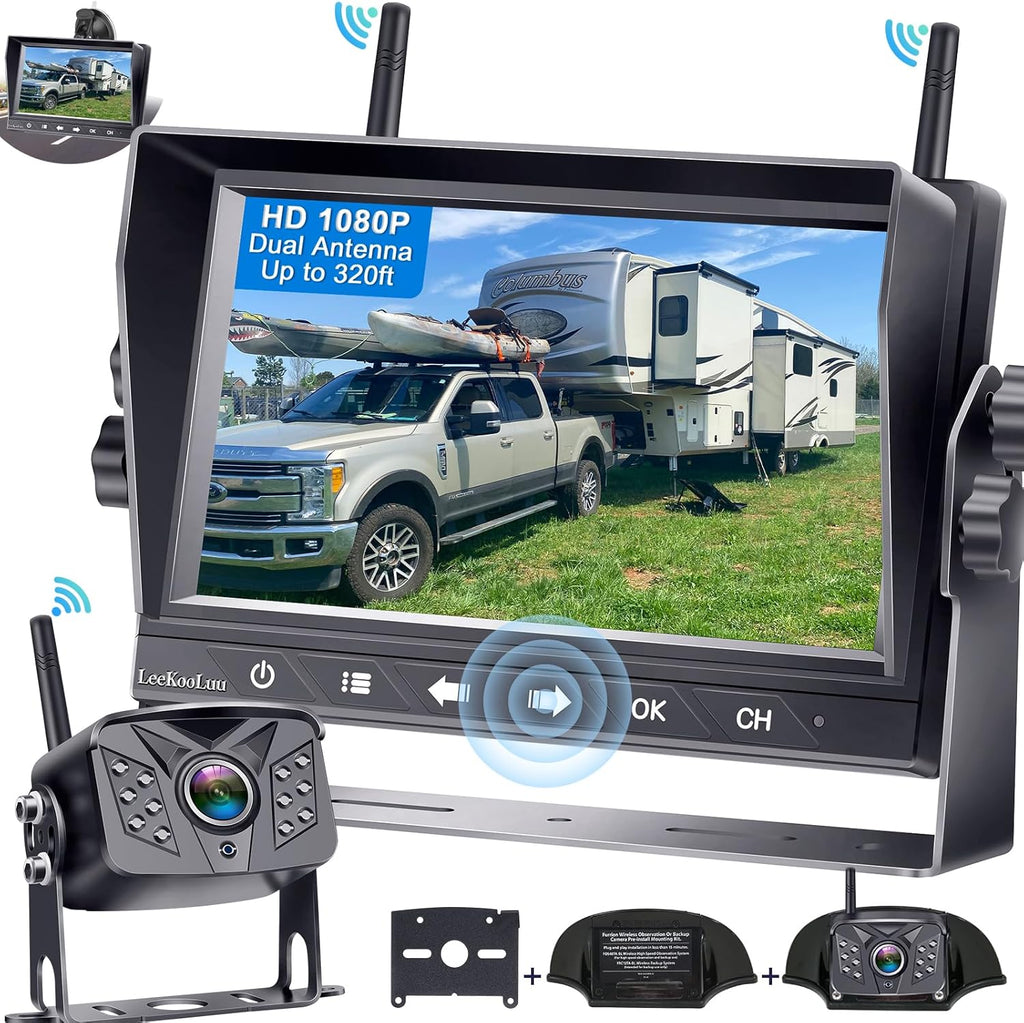 RV Backup Camera Wireless Waterproof 7'' LCD Split Screen DVR Dash Monitor Touch Key Rear View System 4 Channels Travel Trailers Adapter for Furrion Pre-Wired Rvs Night Vision LK7