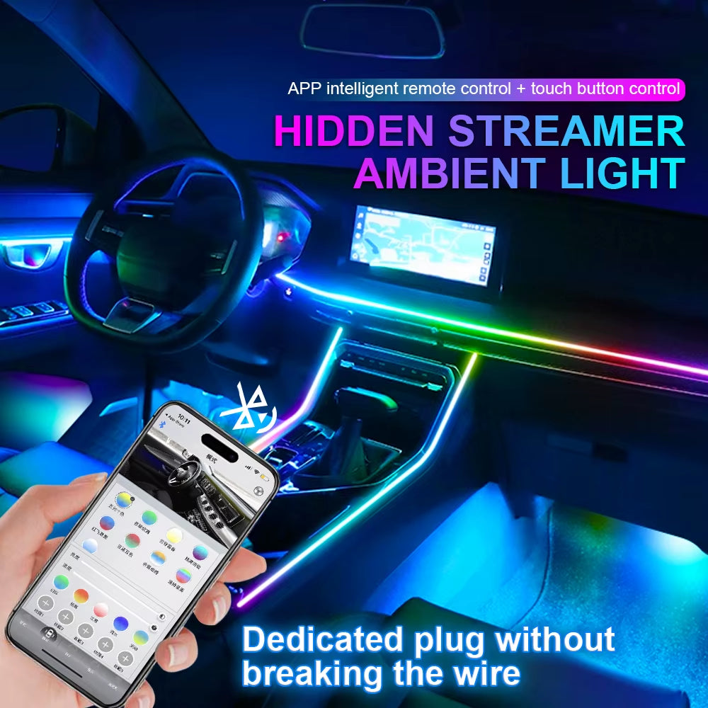 Dual Zone 18 in 1 Full Color Streamer Car Ambient Light RGB 64 Color LED Interior Acrylic Fiber Strip Decoration Atmosphere Lamp