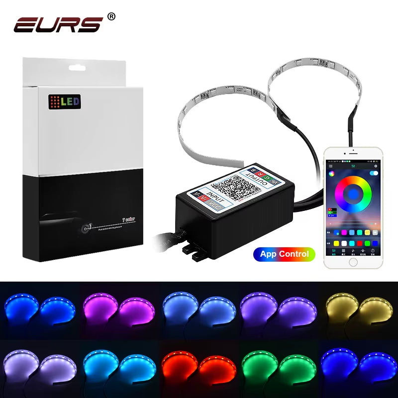 EURS Car APP Bluetooth Devil Demon Eyes RGB LED Strip Angel Eyes Light for Auto Motorcycle Headlights Halo Rings Kit 2.5" 2.8"