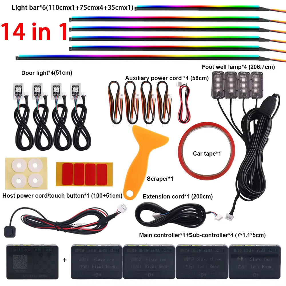 Dual Zone 18 in 1 Full Color Streamer Car Ambient Light RGB 64 Color LED Interior Acrylic Fiber Strip Decoration Atmosphere Lamp