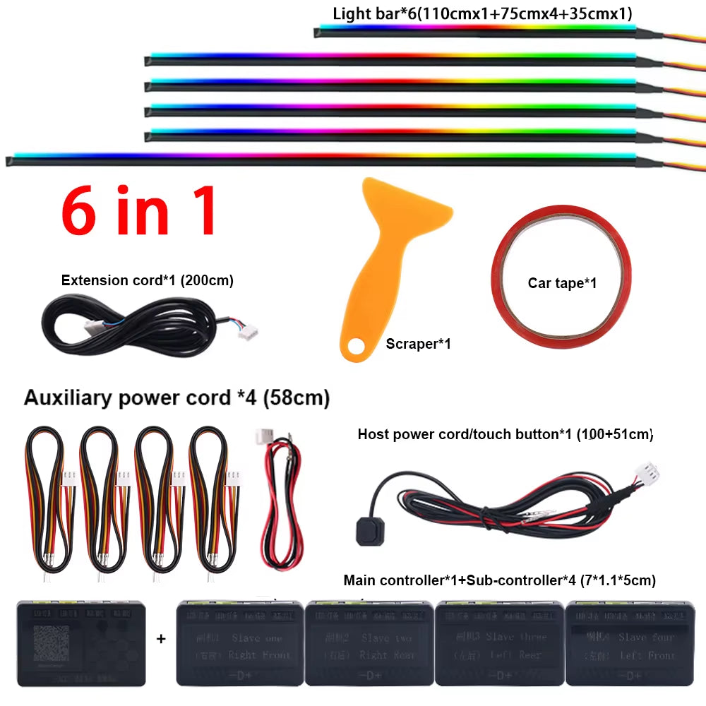 Dual Zone 18 in 1 Full Color Streamer Car Ambient Light RGB 64 Color LED Interior Acrylic Fiber Strip Decoration Atmosphere Lamp