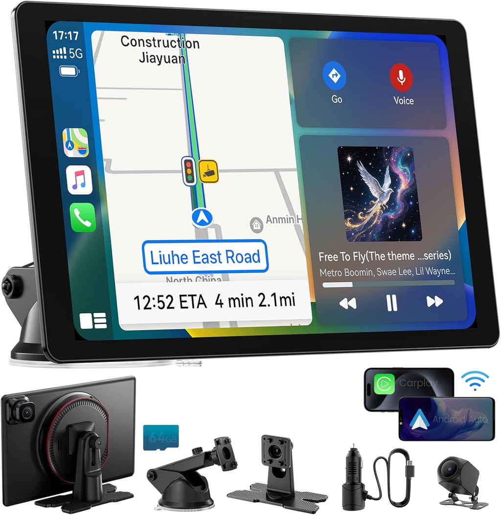 11" Ultra-Slim Wireless Apple CarPlay & Android Auto Car Stereo - 4K Dash Cam, 1080P Backup Camera, GPS, Mirror Link & Voice Control