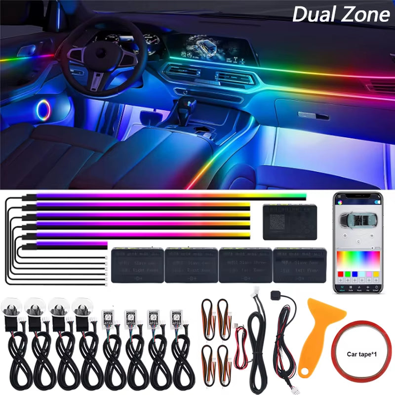 Dual Zone 18 in 1 Full Color Streamer Car Ambient Light RGB 64 Color LED Interior Acrylic Fiber Strip Decoration Atmosphere Lamp