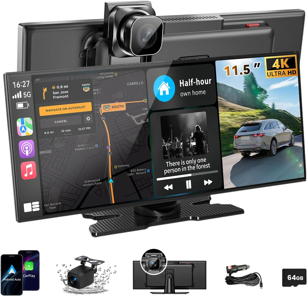 Ultimate 11.5 Inch Wireless CarPlay Screen - HD Touchscreen with 4K Dash Cam, 1080P Backup Camera, Navigation, Bluetooth, Voice Control & More for All Vehicles