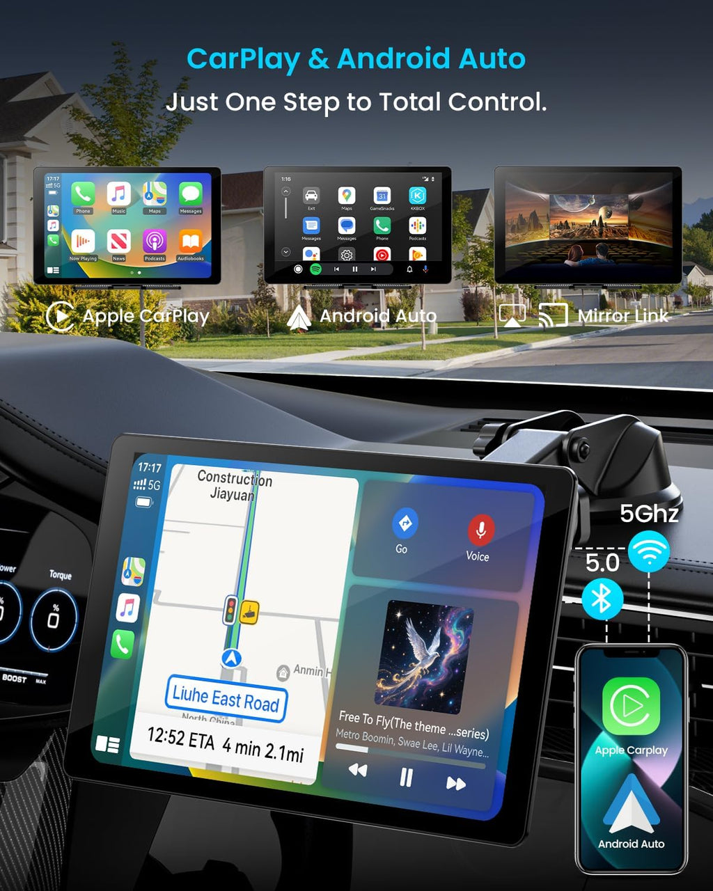 11" Ultra-Slim Wireless Apple CarPlay & Android Auto Car Stereo - 4K Dash Cam, 1080P Backup Camera, GPS, Mirror Link & Voice Control