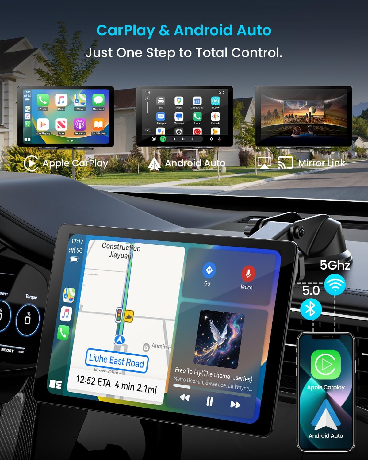 11" Ultra-Slim Wireless Apple CarPlay & Android Auto Car Stereo - 4K Dash Cam, 1080P Backup Camera, GPS, Mirror Link & Voice Control