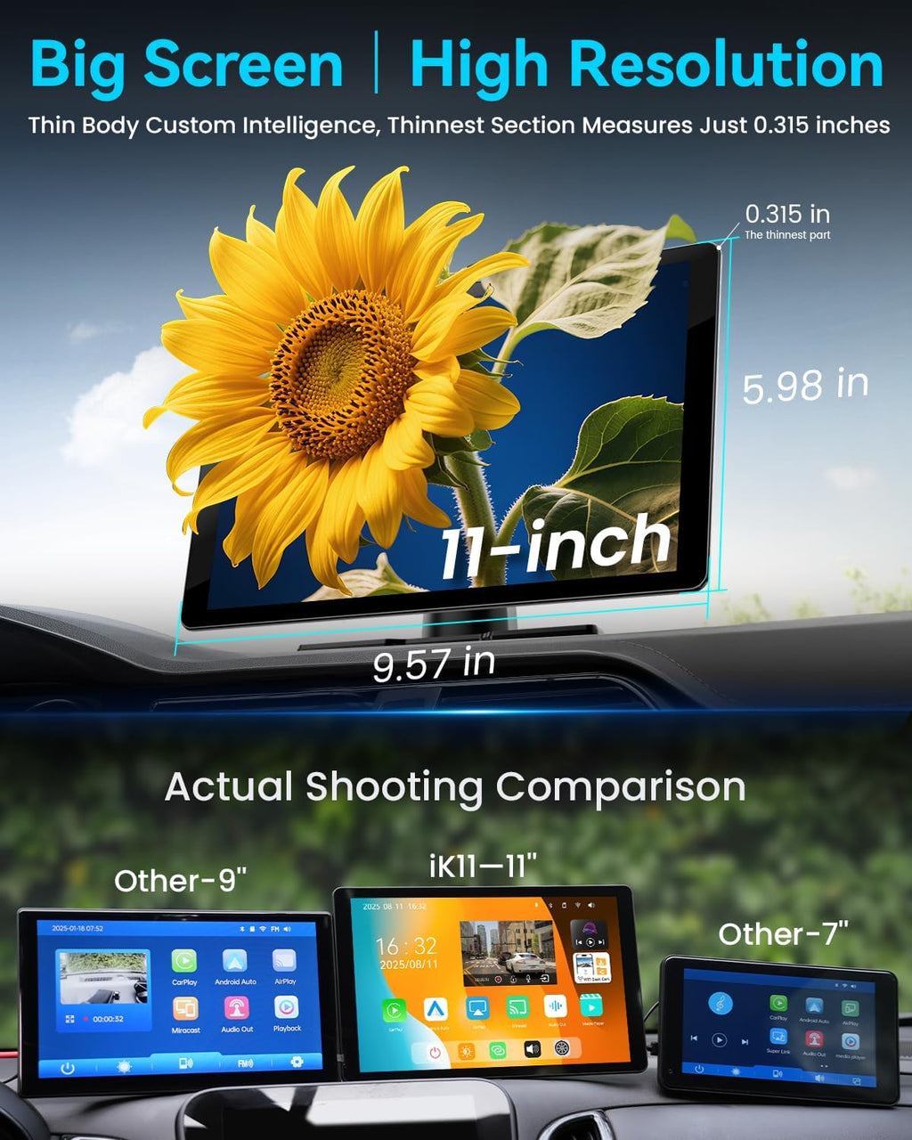 11" Ultra-Slim Wireless Apple CarPlay & Android Auto Car Stereo - 4K Dash Cam, 1080P Backup Camera, GPS, Mirror Link & Voice Control