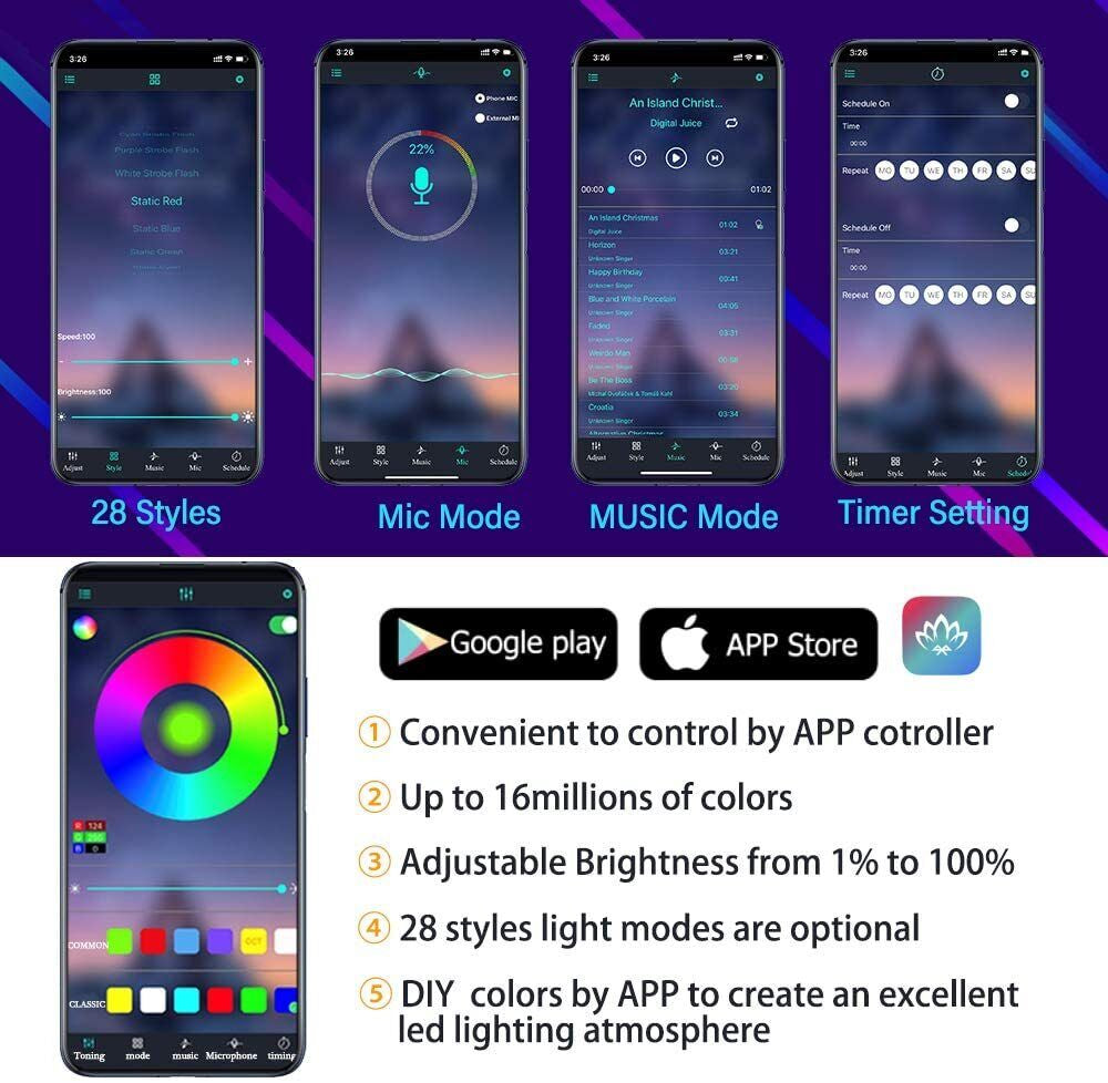 LED Car Interior Strip Light Atmosphere Neon Glow App-Control Ambient Light Kit