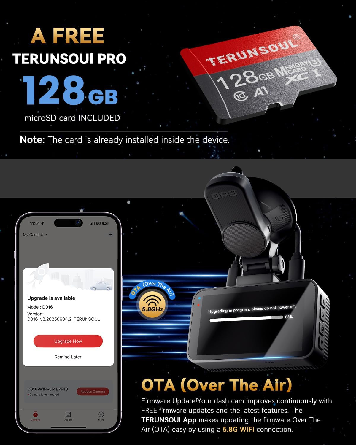 Ultra HD 4K Front and Rear Dash Cam with Free 128GB Card, 5.8GHz WiFi, GPS, G-Sensor, 170° Wide Angle, 3" IPS Screen, 24H Parking Mode, Supports Up to 512GB