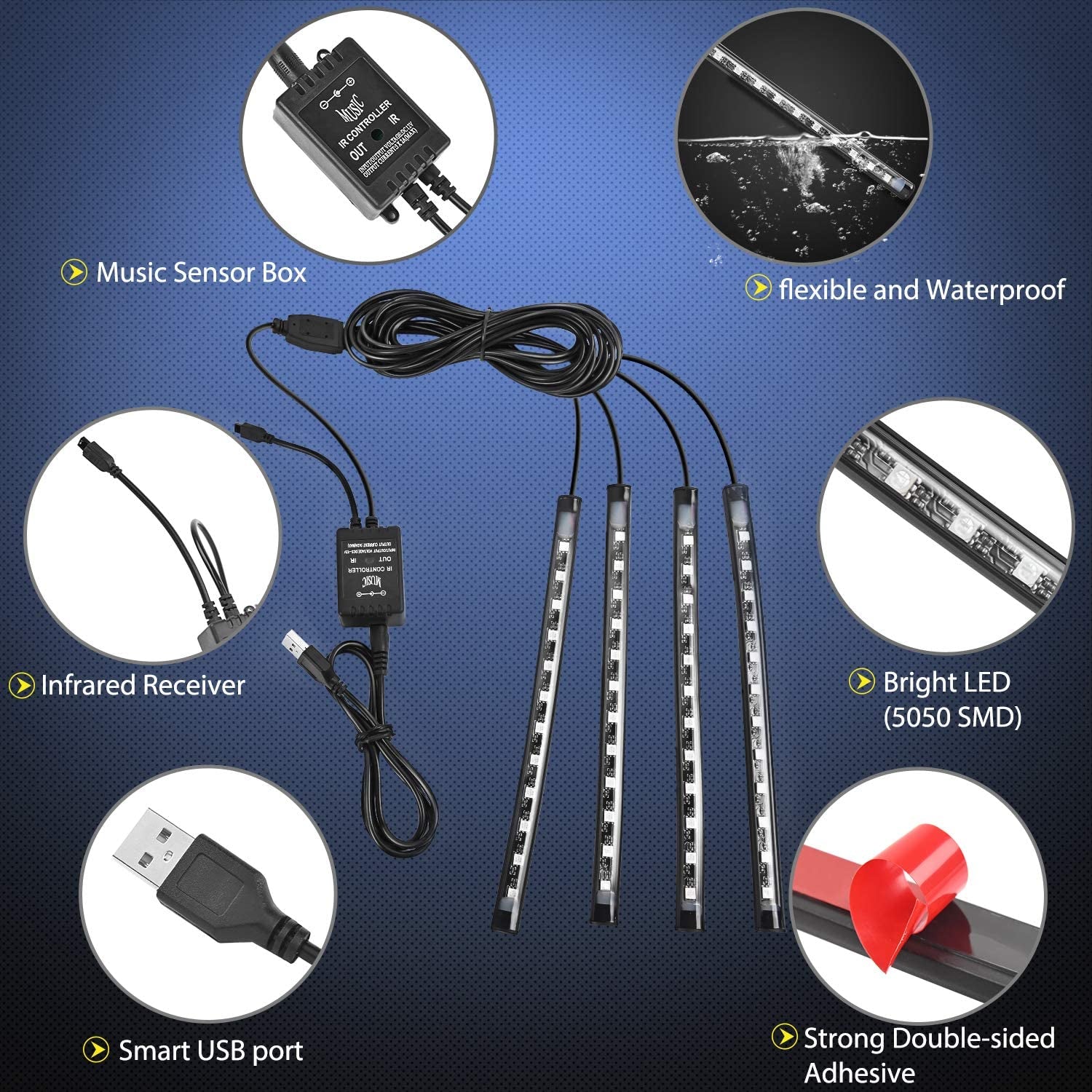 48 Leds DC 5V Multicolor Music Car Strip Light under Dash Lighting Kit with Sound Active Function and Wireless Remote Control, 2 Years Warranty, 4PCS USB Interior Lights