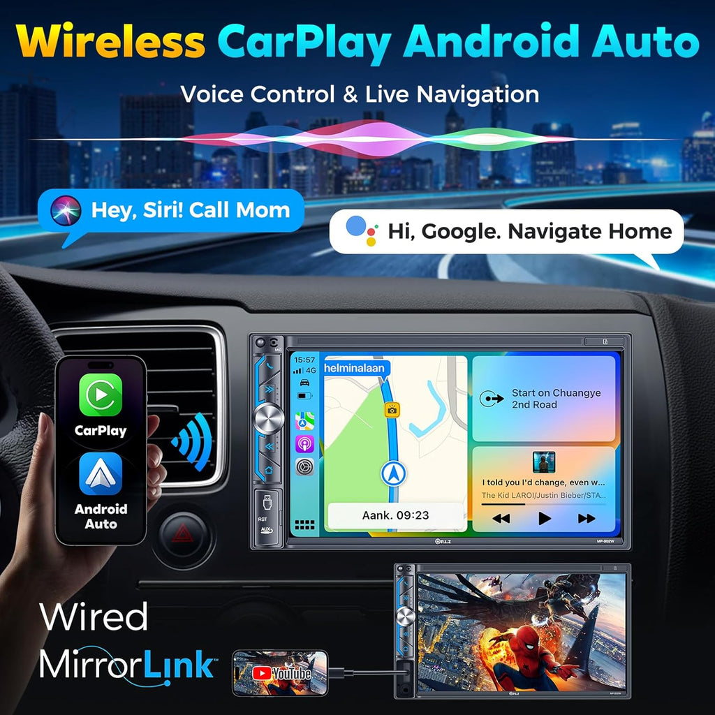 7" Wireless Double Din Car Stereo Apple Carplay Radio Screen for Car Audio Receivers, Bluetooth 5.3 Car Play Android Auto Touchscreen, 240W 4.2 CHN 2 Subwoofers Outputs, Backup Camera, SWC, FM/AM