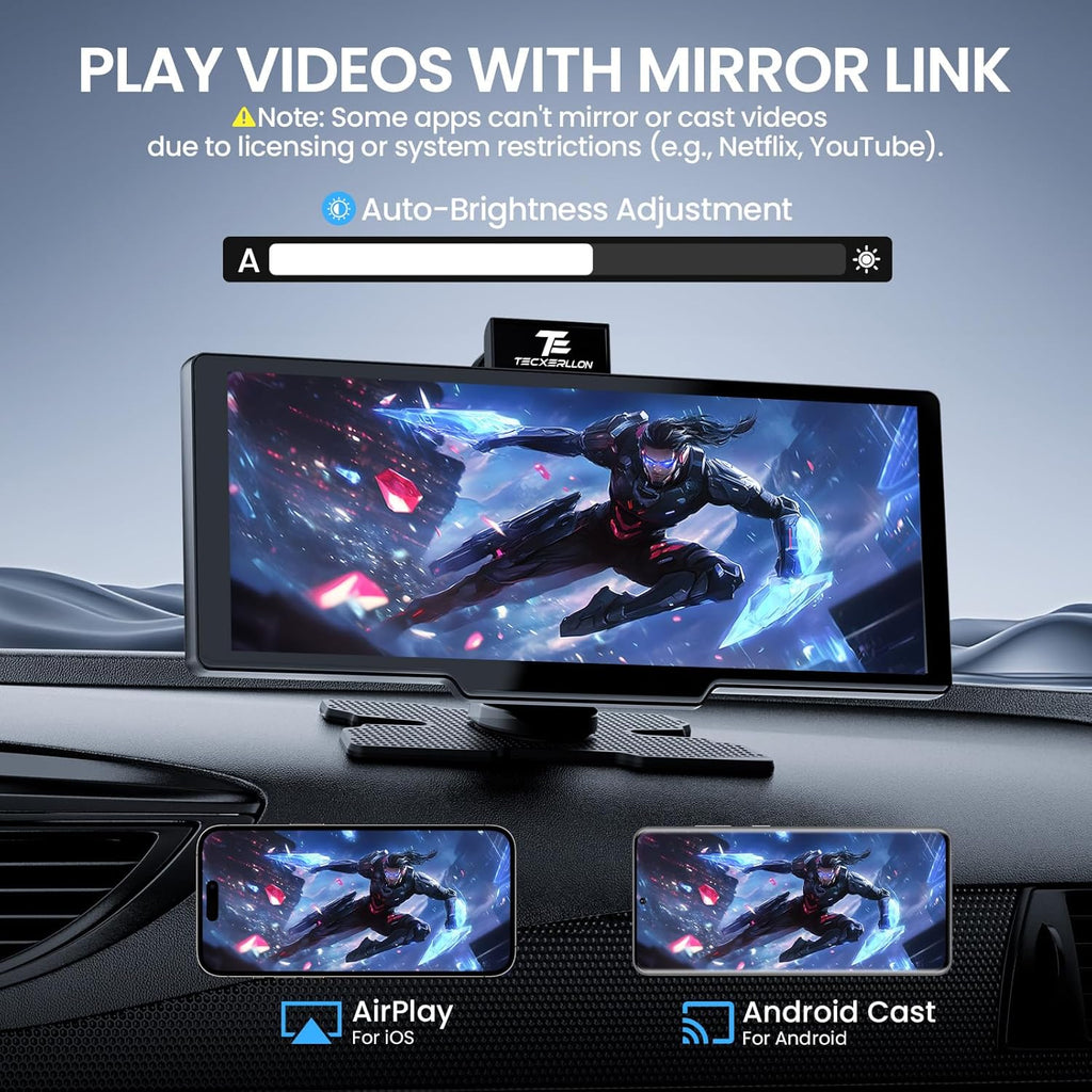 10.26'' Wireless Carplay & Android Auto Screen with 4K Dash Cam, 1080P Backup Camera, GPS Navigation, and Airplay - Ultimate Portable Car Audio Receiver