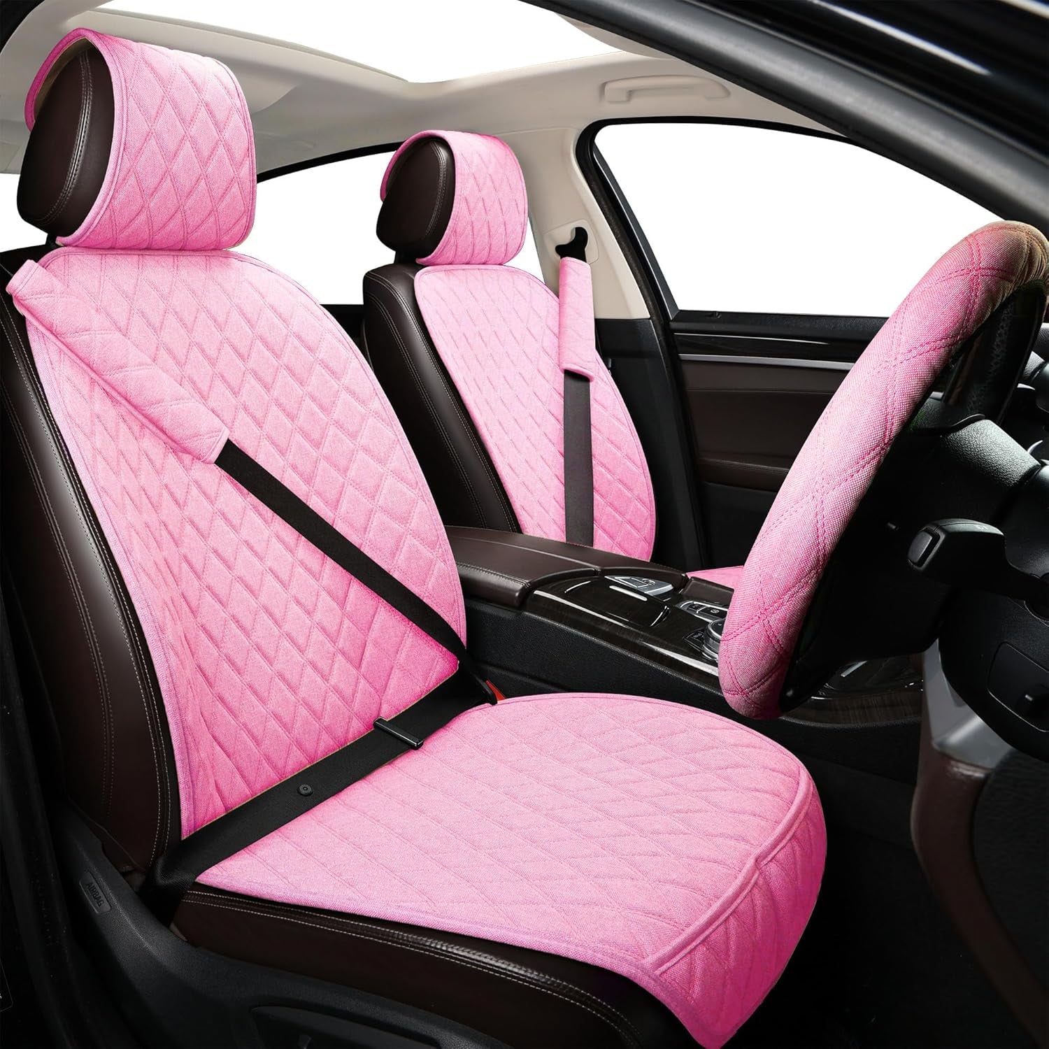 Linen Car Seat Covers Front Seat Covers Breathable Cloth Fabric Car Seat Protector Universal Fit Most Automotive, Van, SUV, Trucks (Pink, 2 Front Set)