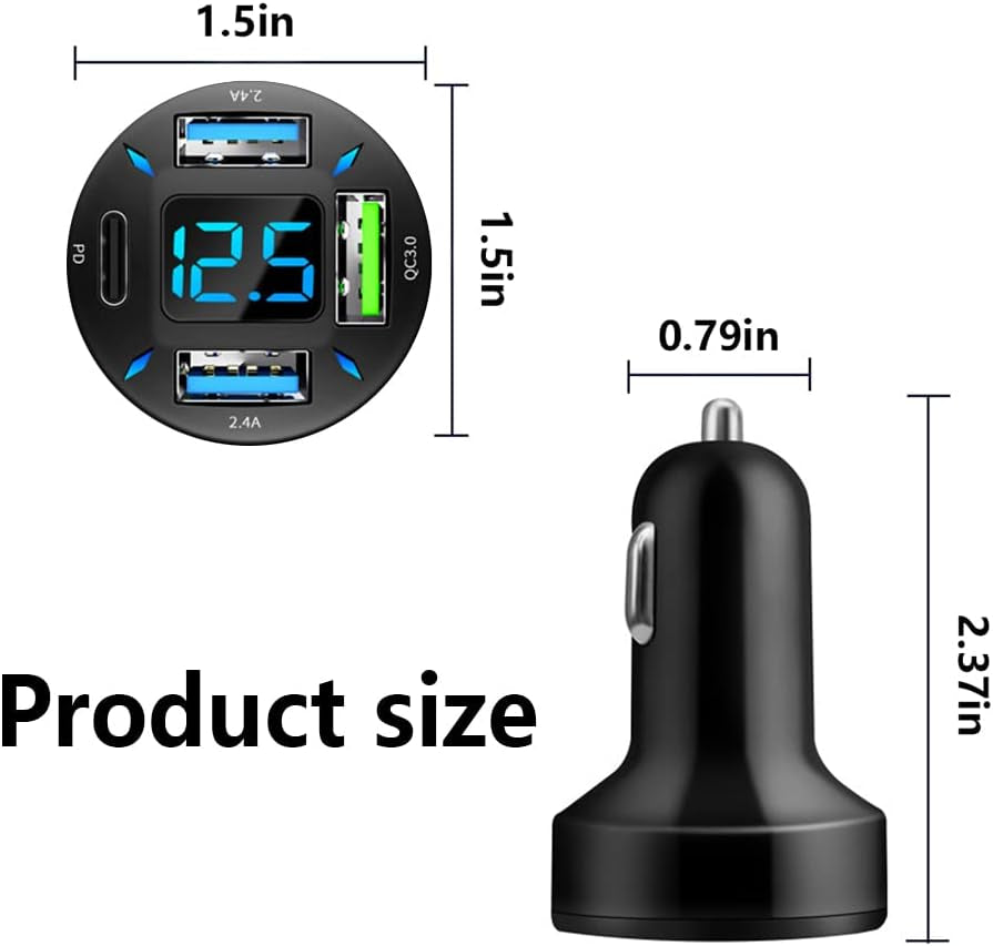 66W Super Fast Car Charger with USB PD & QC 3.0 - Universal Quick Charge for 12-24V Vehicles, Compatible with iPhone 14/13/12, Samsung S22/S21/S20, iPad - Voltmeter & LED Lights (Black)