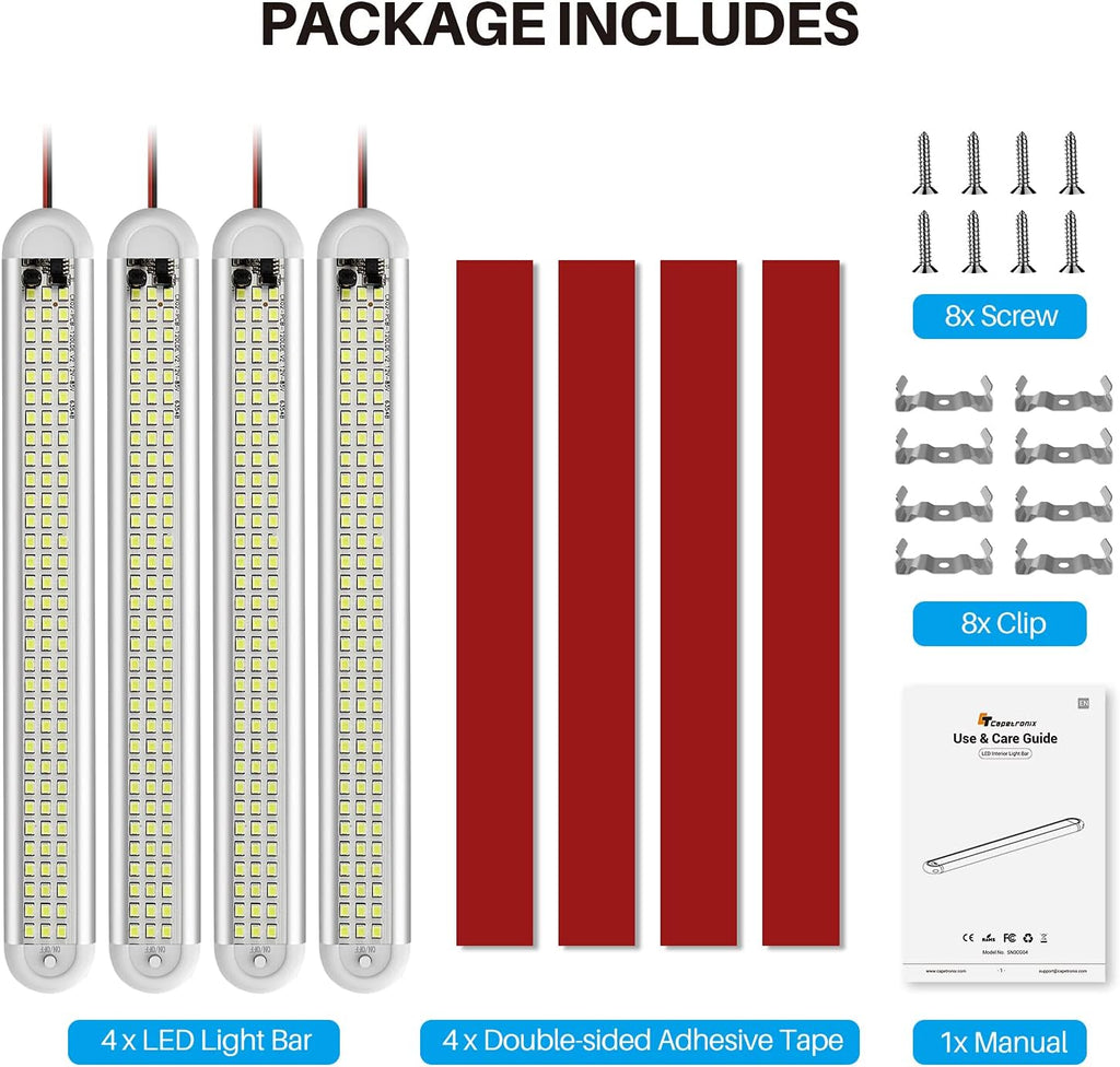 12V LED Interior Light Bar， 120Leds 1500LM 8W DC 12 Volt Led Strip Lights with On/Off Switch，For Enclosed Cargo Trailer, Car RV Van Truck Lorry Camper Boat Caravan Motorhome (4Pack)