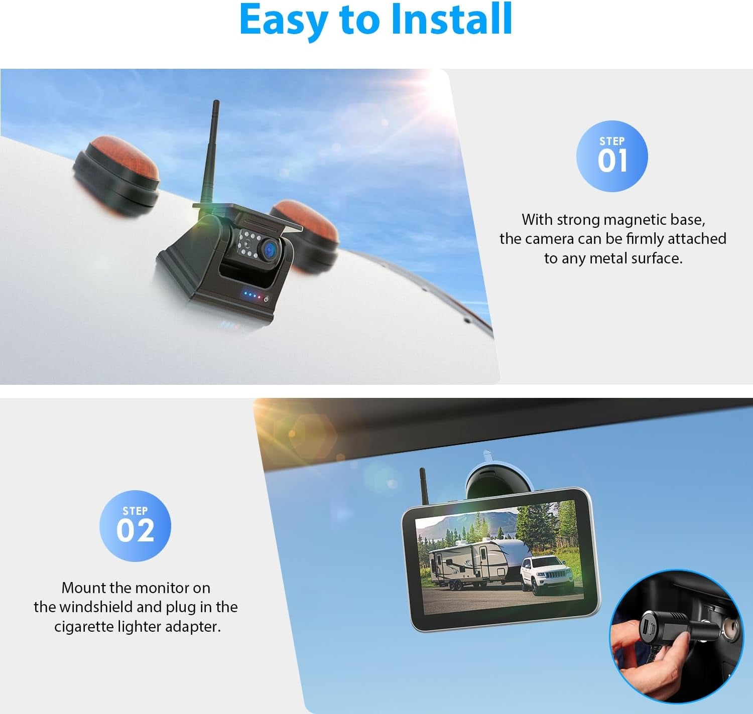 4 Magnetic Solar Wireless Backup Camera HD1080P 7" DVR Monitor, 3Mins No-Wire Installation, 9600Mah Solar Rechargeable Rearview RV Backup Cameras Wireless for Trailer RV Trucks, BL704