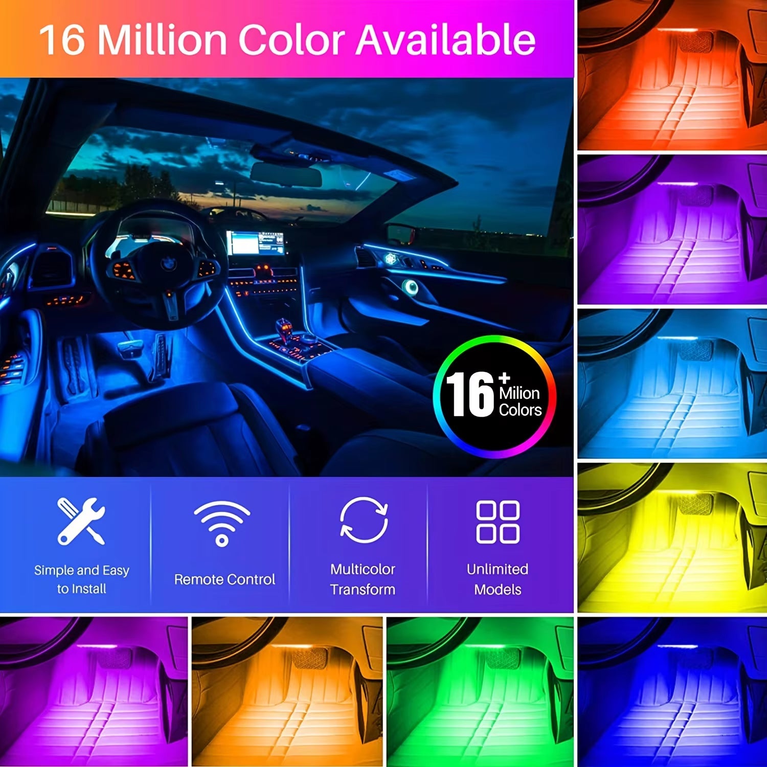 18 in 1 Dual Zone Symphony Streamer Car Ambient Light Interior LED Full Color RGB Neon Acrylic Strip Atmosphere Lighting Kit App