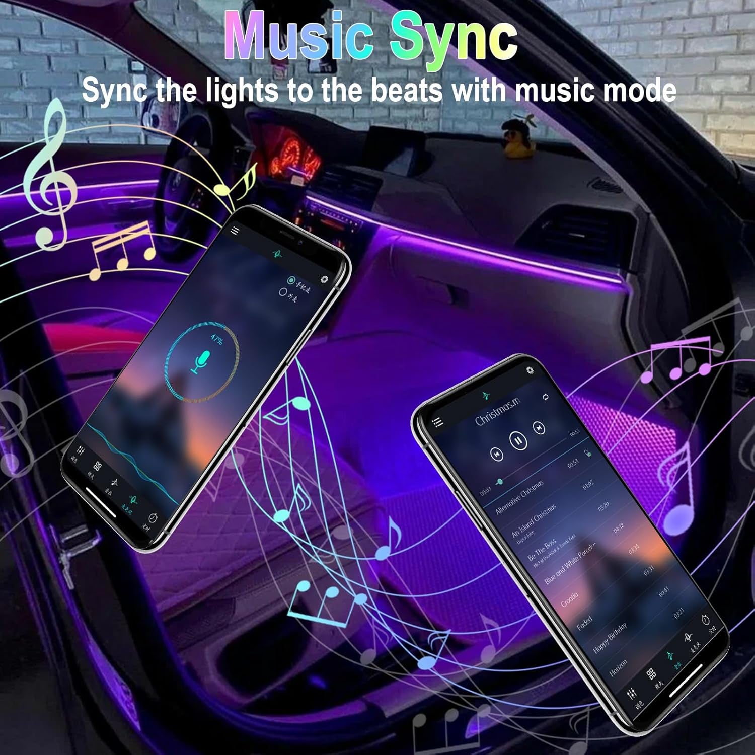 Car Interior Lights, 5V LED Strip Lights with USB Adapter, Ambient Car Lighting Kit, App & Remote Control Music Sync Color Change Strip Lights for Suvs & Trucks, Car Accessories for Women Men