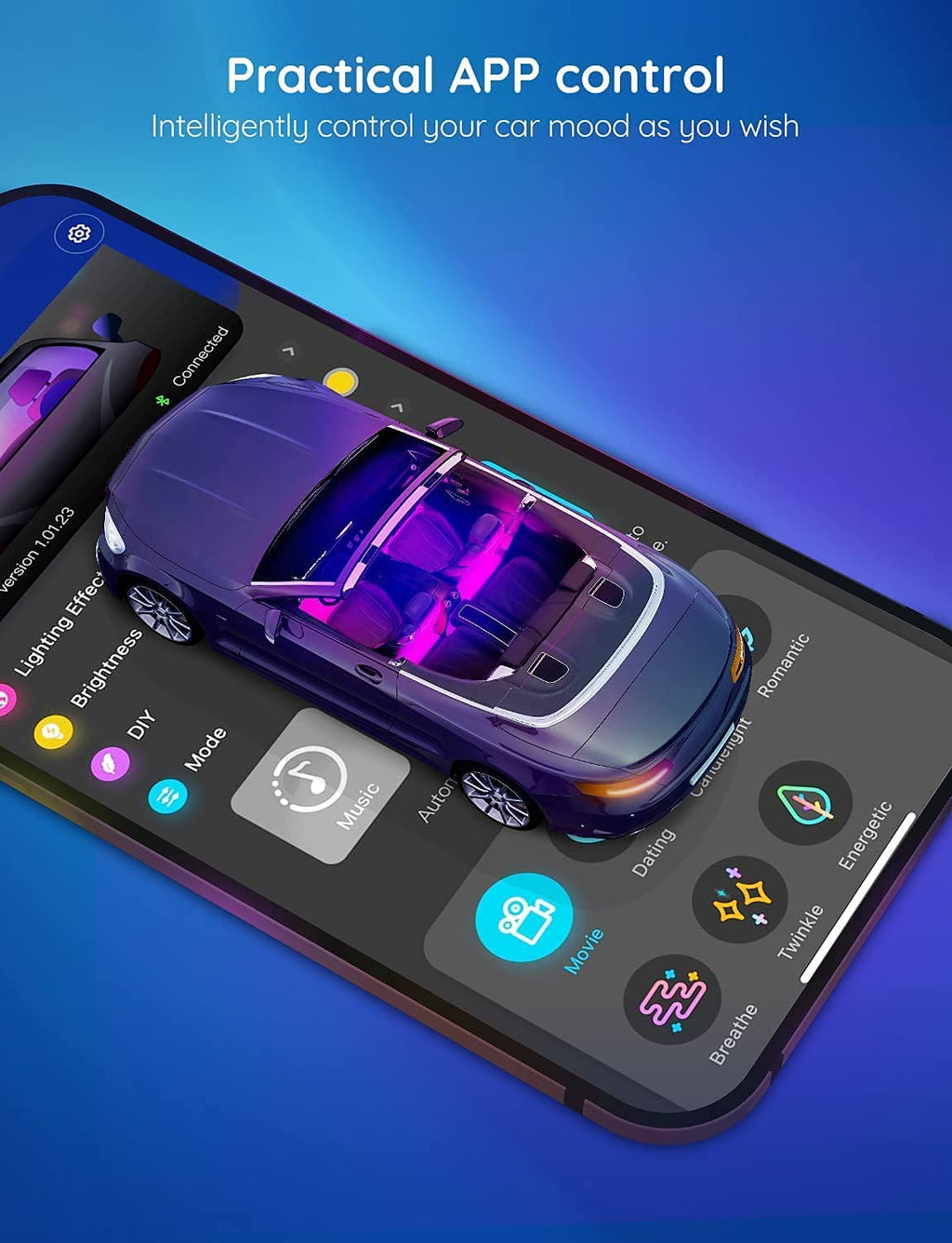 Car LED Lights, Smart Car Interior Lights with App Control, RGB Lights with DIY Mode and Music Mode, 2 Lines Design LED Lights for Cars with Car Charger, 12V