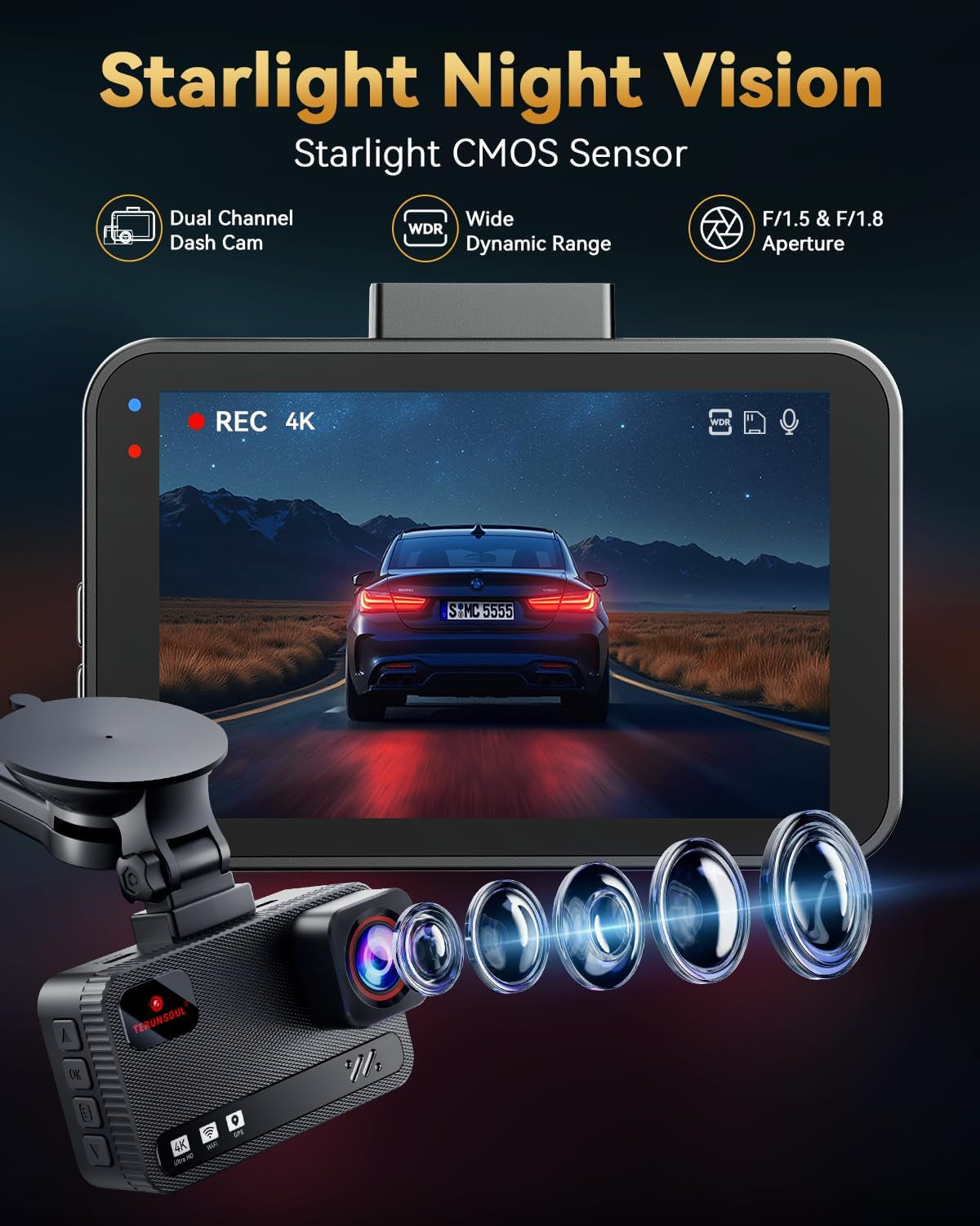 Ultra HD 4K Front and Rear Dash Cam with Free 128GB Card, 5.8GHz WiFi, GPS, G-Sensor, 170° Wide Angle, 3" IPS Screen, 24H Parking Mode, Supports Up to 512GB