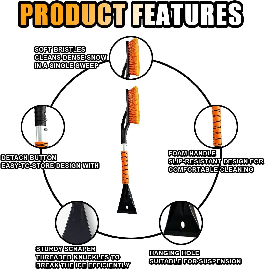27" Snow Brush and Ice Scrapers for Car Windshield and Window, Detachable Winter Snow Remover Ice Shovel Tool with Ergonomic Foam Grip & No Scratch Bristles, Car Accessories for Truck SUV (Orange)