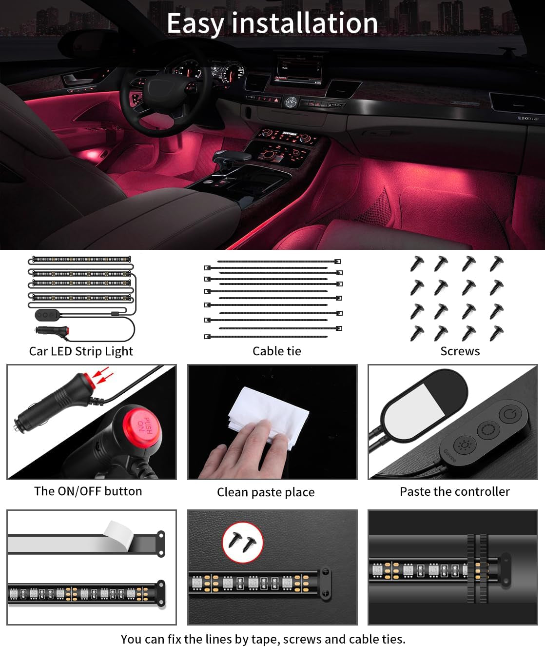 Car LED Lights, Smart Car Interior Lights with App Control, RGB Lights with DIY Mode and Music Mode, 2 Lines Design LED Lights for Cars with Car Charger, 12V