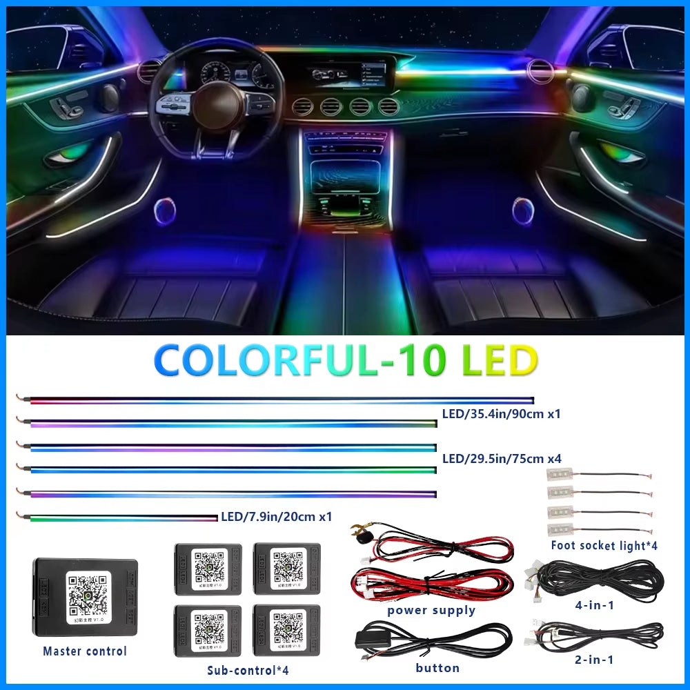 18 in 1 Dual Zone Symphony Streamer Car Ambient Light Interior LED Full Color RGB Neon Acrylic Strip Atmosphere Lighting Kit App