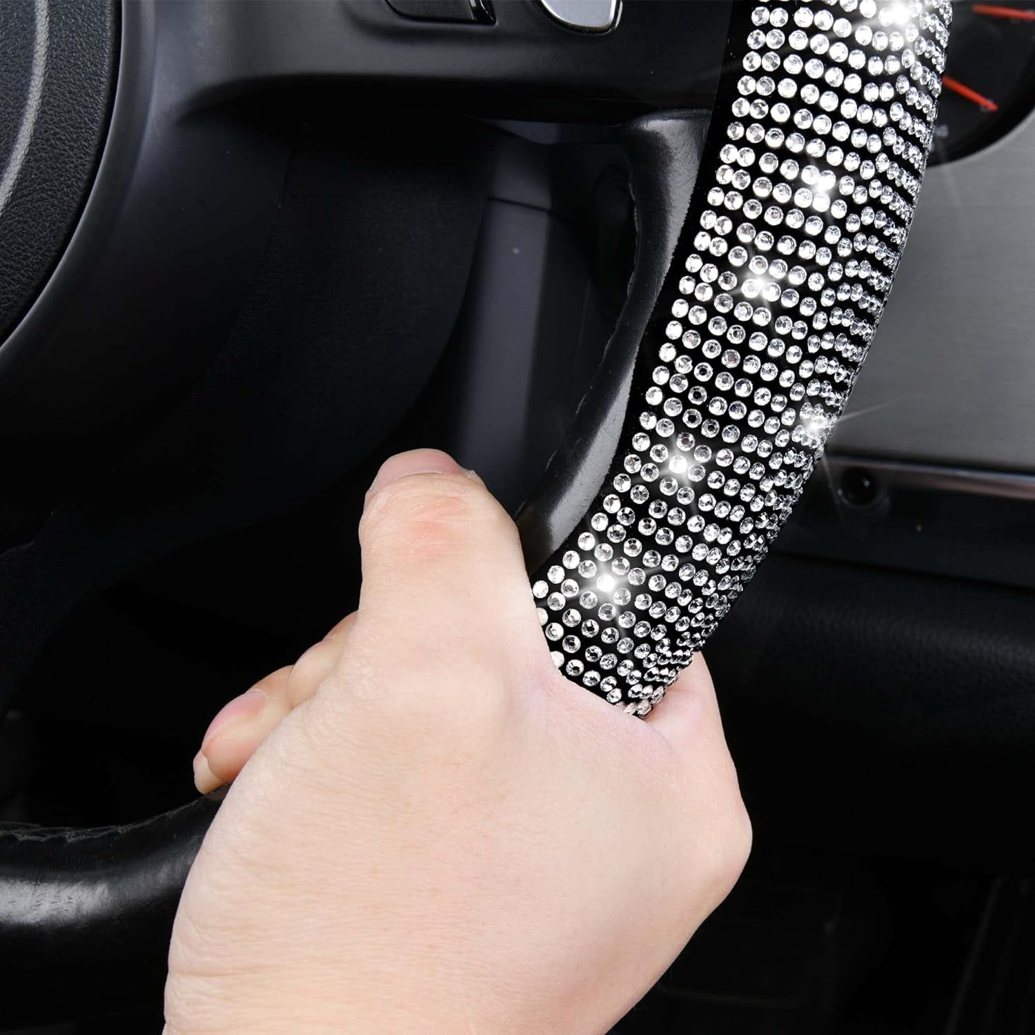 Bling Diamond Segmented Steering Wheel Cover with Crystal Rhinestones, 2PCS Wheel Protector Non-Slip Cute Car Accessories Universal Fit D-Shape O-Shape 14.5" to 16" for Women, Silver Diamond