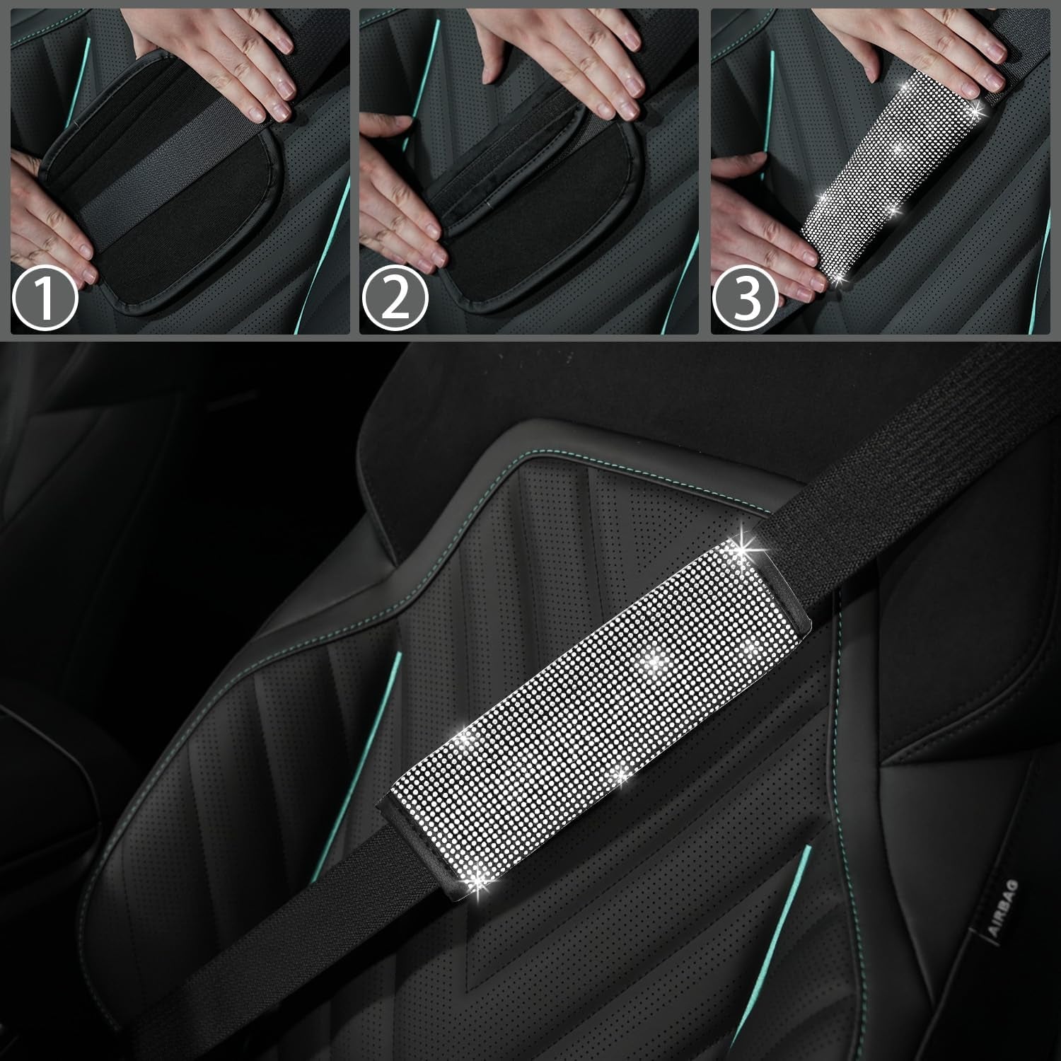 8 Pcs Bling Car Accessories Set for Women, Steering Wheel Cover, Sparkly Seat Belt Covers, Bling Gear Shift Cover, Universal Fit Most Cars (Silver Diamond)