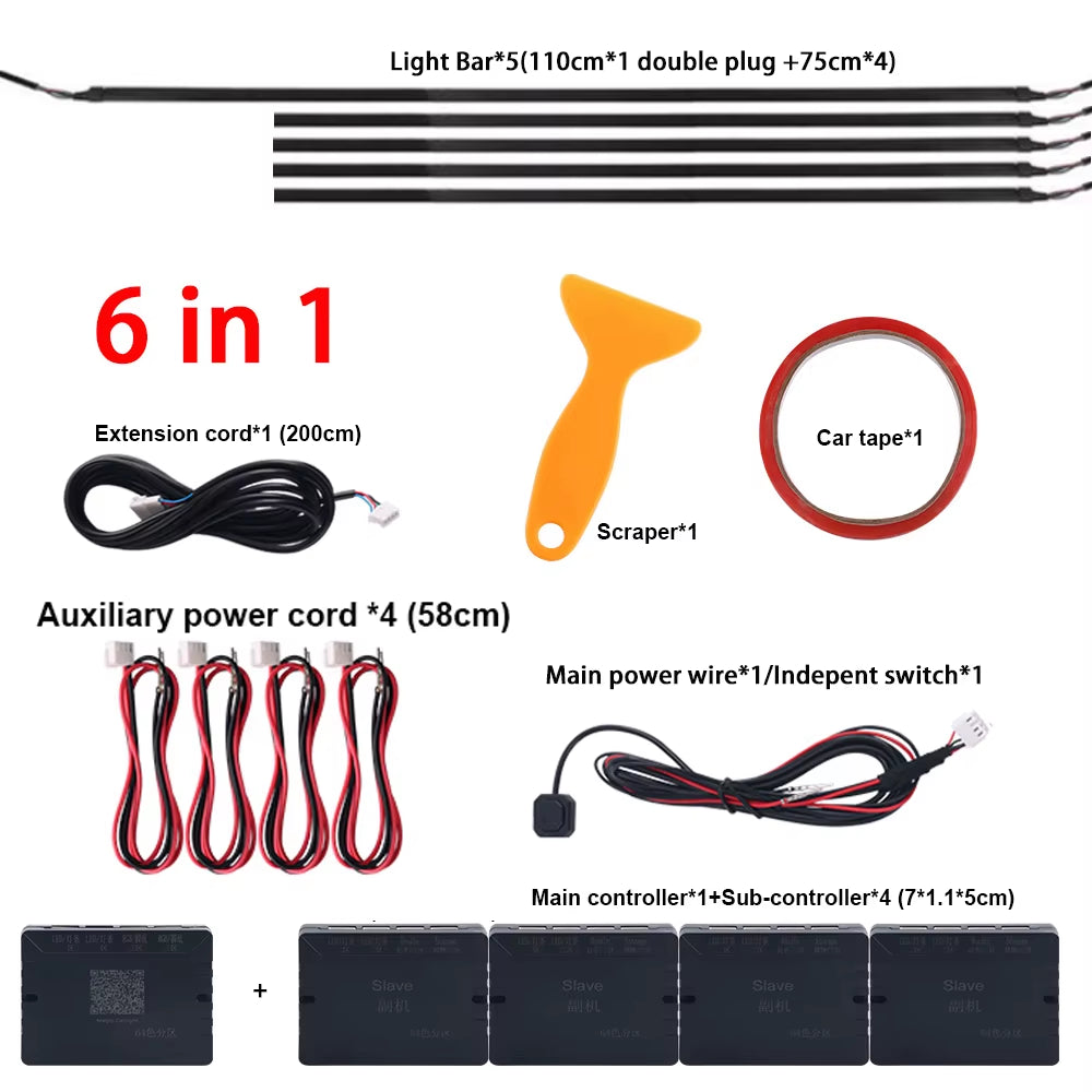 Dual Zone 18 in 1 Full Color Streamer Car Ambient Light RGB 64 Color LED Interior Acrylic Fiber Strip Decoration Atmosphere Lamp