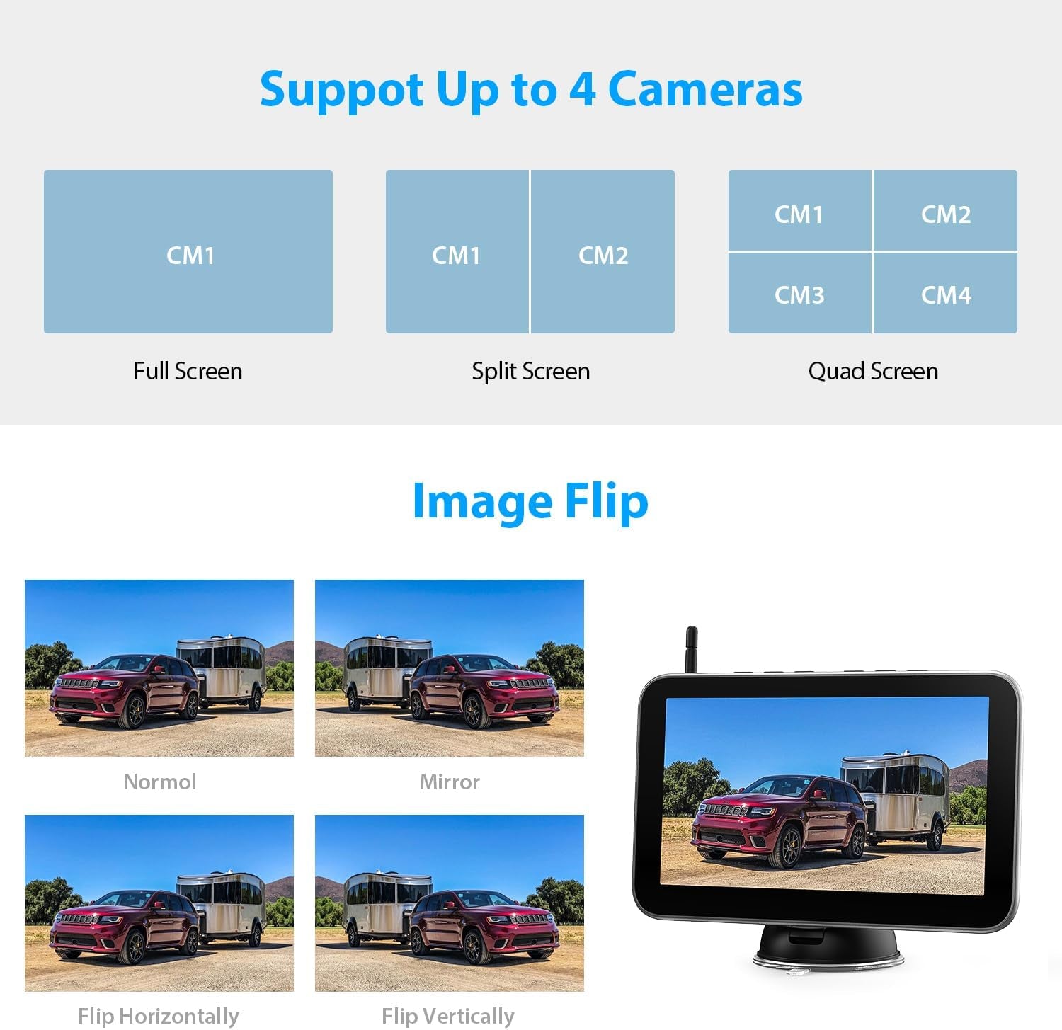 4 Magnetic Solar Wireless Backup Camera HD1080P 7" DVR Monitor, 3Mins No-Wire Installation, 9600Mah Solar Rechargeable Rearview RV Backup Cameras Wireless for Trailer RV Trucks, BL704