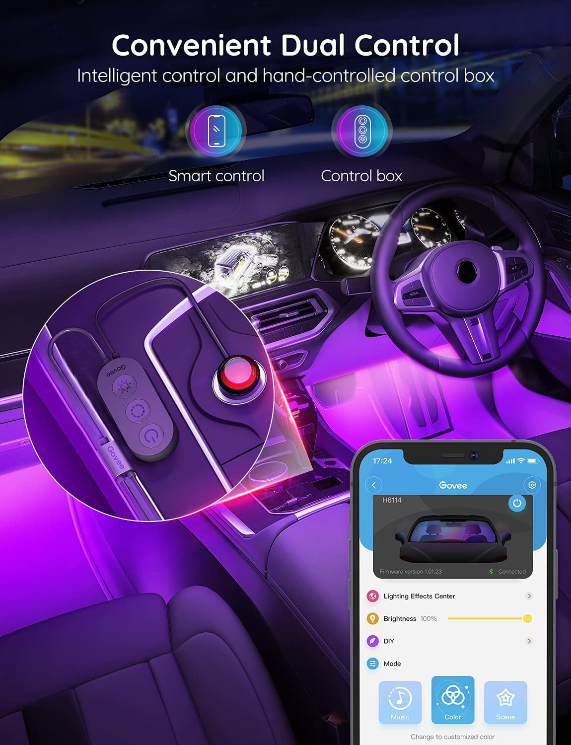 Car LED Lights, Smart Car Interior Lights with App Control, RGB Lights with DIY Mode and Music Mode, 2 Lines Design LED Lights for Cars with Car Charger, 12V