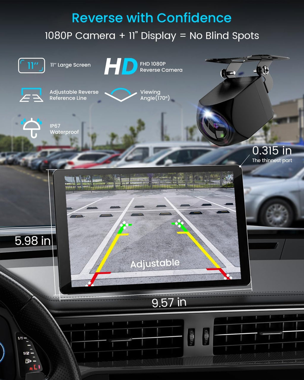 11" Ultra-Slim Wireless Apple CarPlay & Android Auto Car Stereo - 4K Dash Cam, 1080P Backup Camera, GPS, Mirror Link & Voice Control