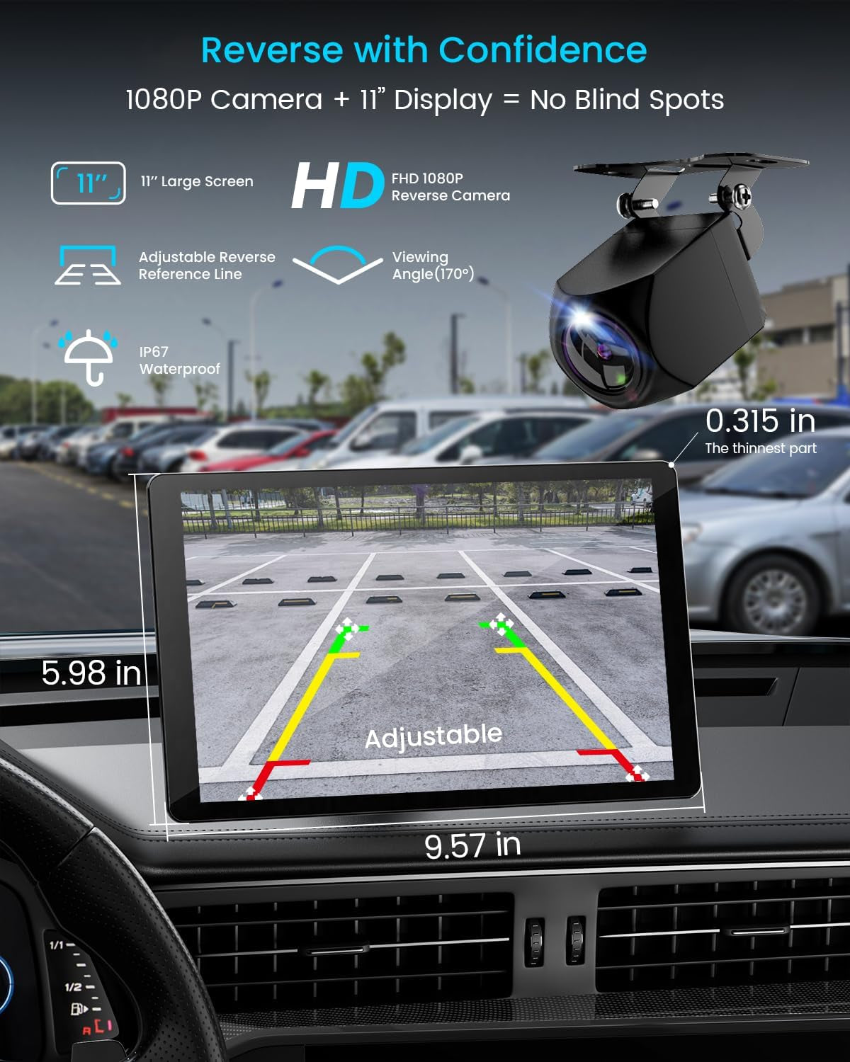 11" Ultra-Slim Wireless Apple CarPlay & Android Auto Car Stereo - 4K Dash Cam, 1080P Backup Camera, GPS, Mirror Link & Voice Control