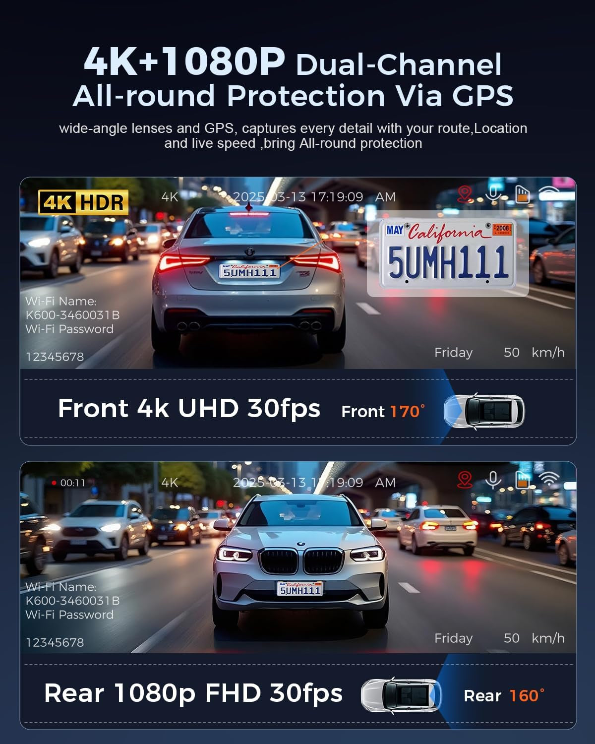 K600 4K Dual Dash Cam with 3.59" IPS Screen, Built-In GPS, 5G WiFi, UHD Night Vision, 170° Wide Angle, HDR, 24H Parking Mode & Free 64G SD Card