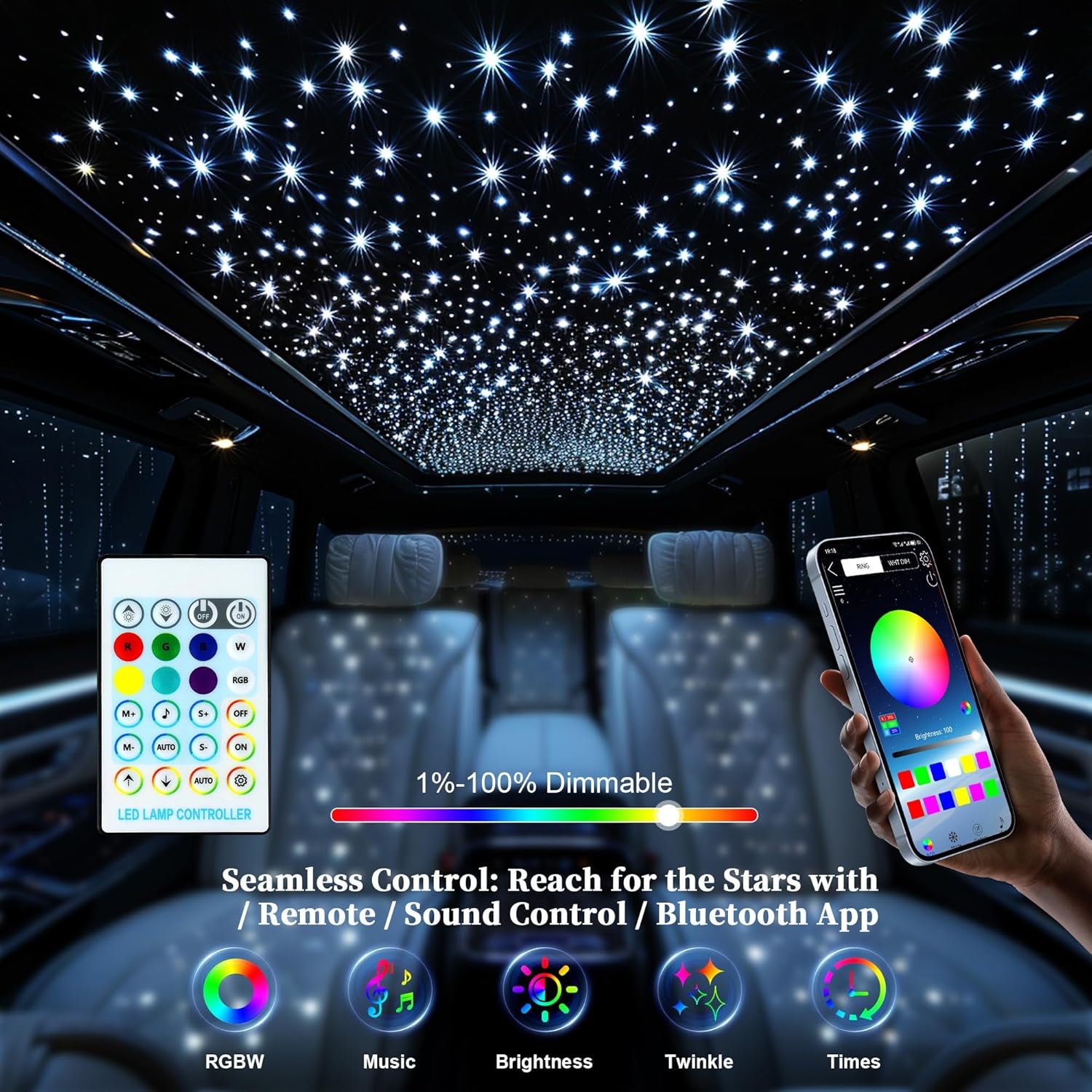 Starlight Headliner Kit 550 Piece Twinkle 0.03In*9.8Ft/0.75Mm*3M, 16W Starlight Headliner Music/Voice Activated Star Lights for Car,  RGBW Starlights for Theater Game Bed Room Ceiling