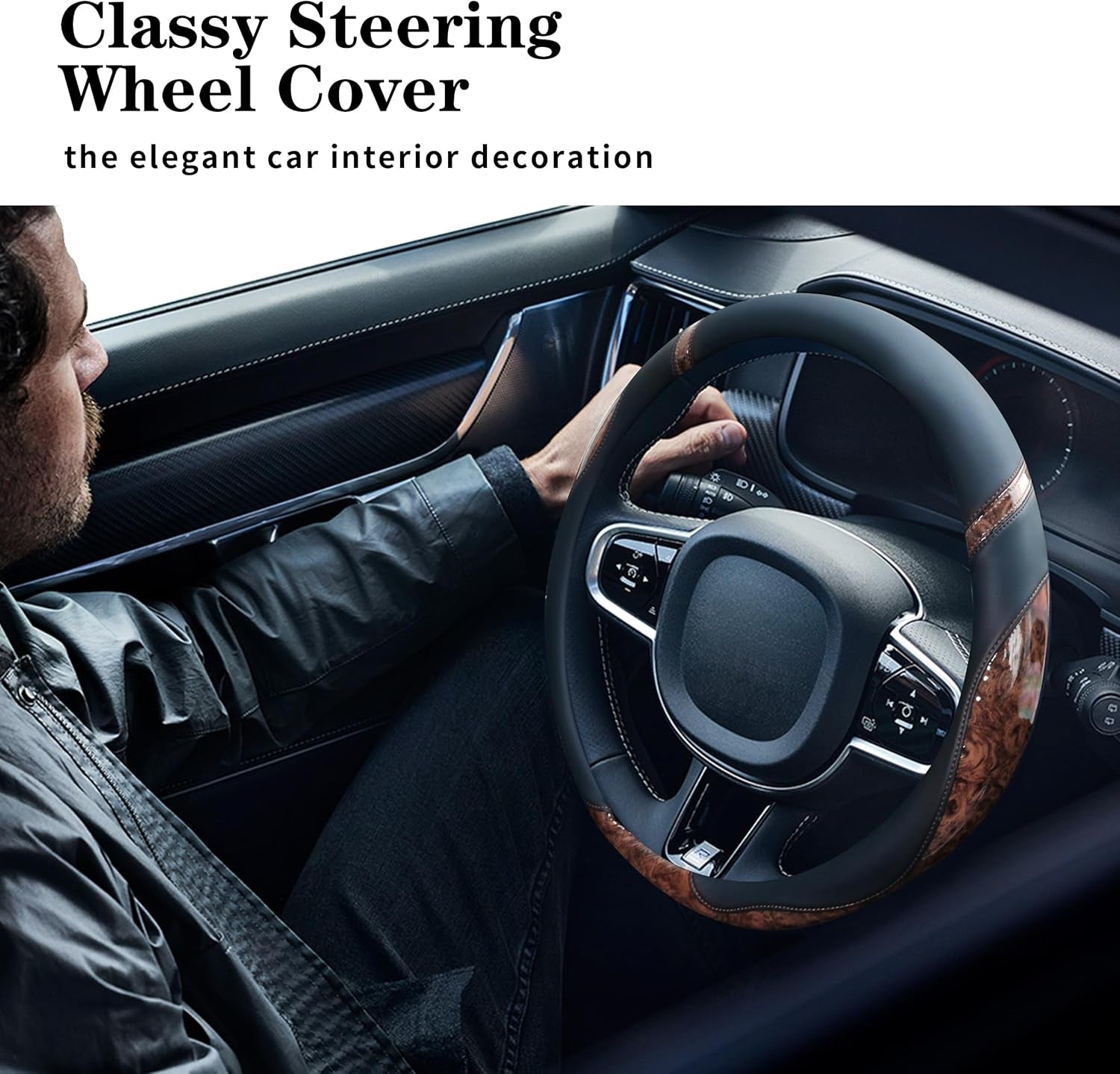 Car Steering Wheel Cover for Men and Women Microfiber Leather Universal Fit 14 1/2-15 Inch Elasticity Protector Accessories Non-Slip Breathable Soft and Comfortable(Wood Grain+Black)