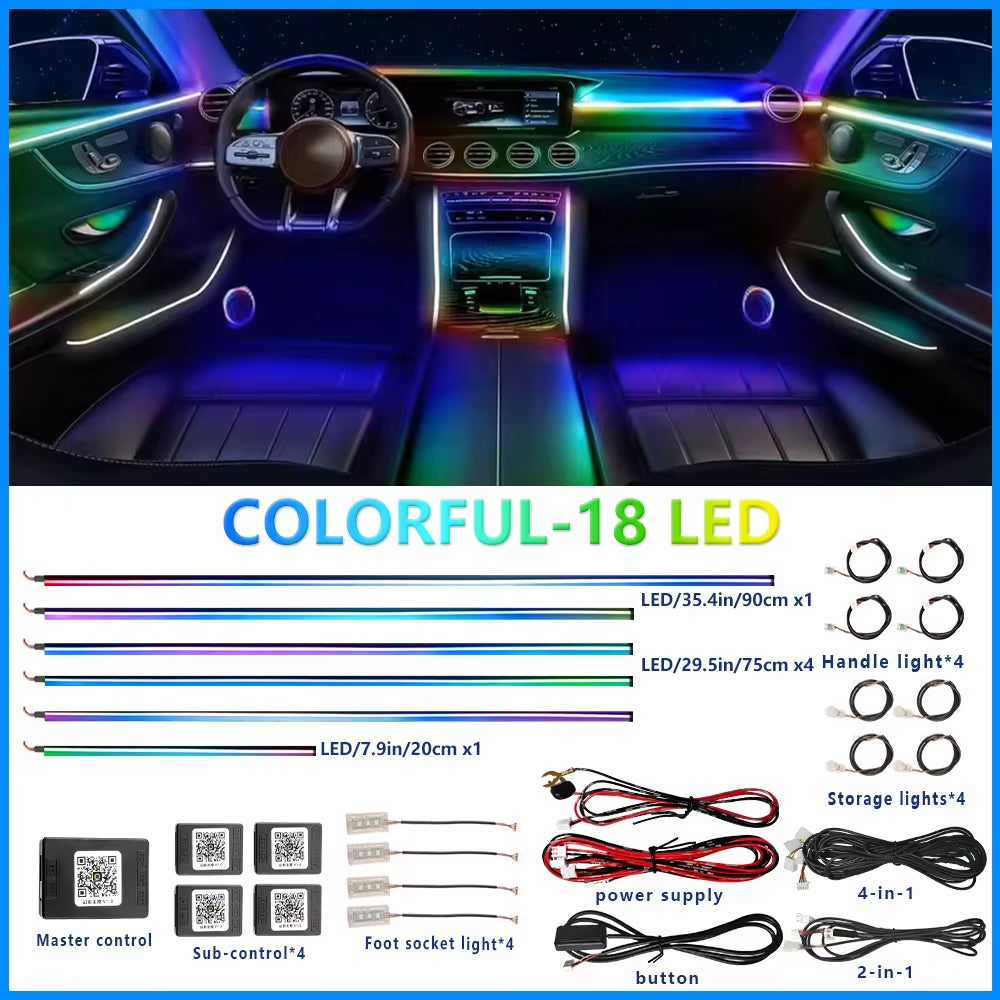 18 in 1 Dual Zone Symphony Streamer Car Ambient Light Interior LED Full Color RGB Neon Acrylic Strip Atmosphere Lighting Kit App