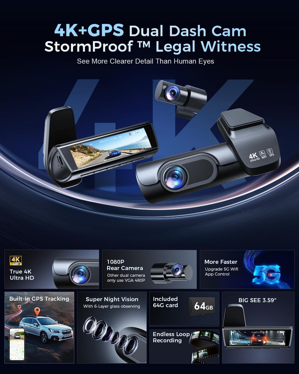 K600 4K Dual Dash Cam with 3.59" IPS Screen, Built-In GPS, 5G WiFi, UHD Night Vision, 170° Wide Angle, HDR, 24H Parking Mode & Free 64G SD Card