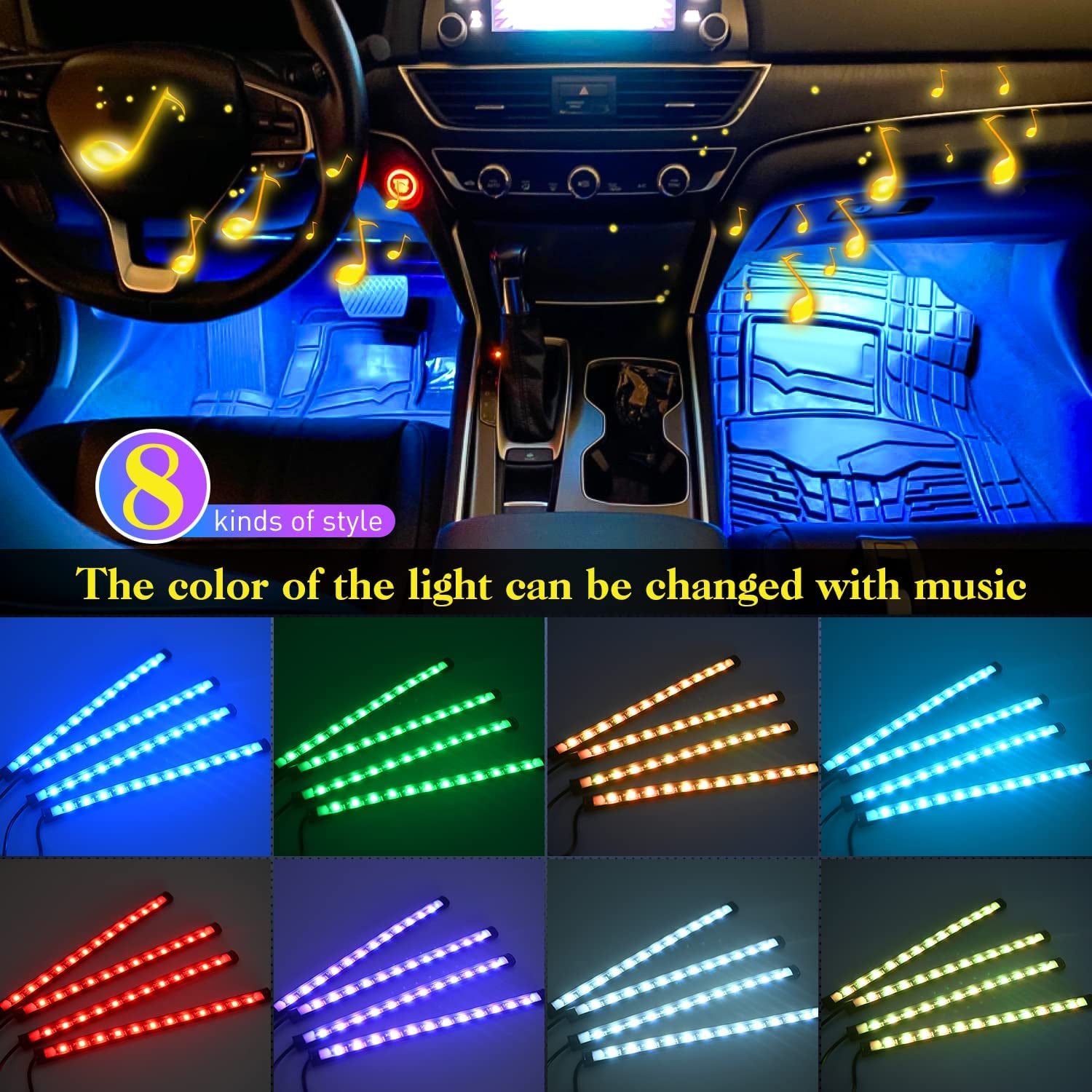 48 Leds DC 5V Multicolor Music Car Strip Light under Dash Lighting Kit with Sound Active Function and Wireless Remote Control, 2 Years Warranty, 4PCS USB Interior Lights