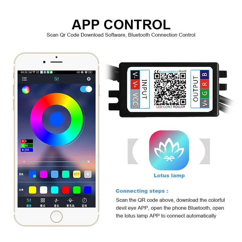 EURS Car APP Bluetooth Devil Demon Eyes RGB LED Strip Angel Eyes Light for Auto Motorcycle Headlights Halo Rings Kit 2.5" 2.8"