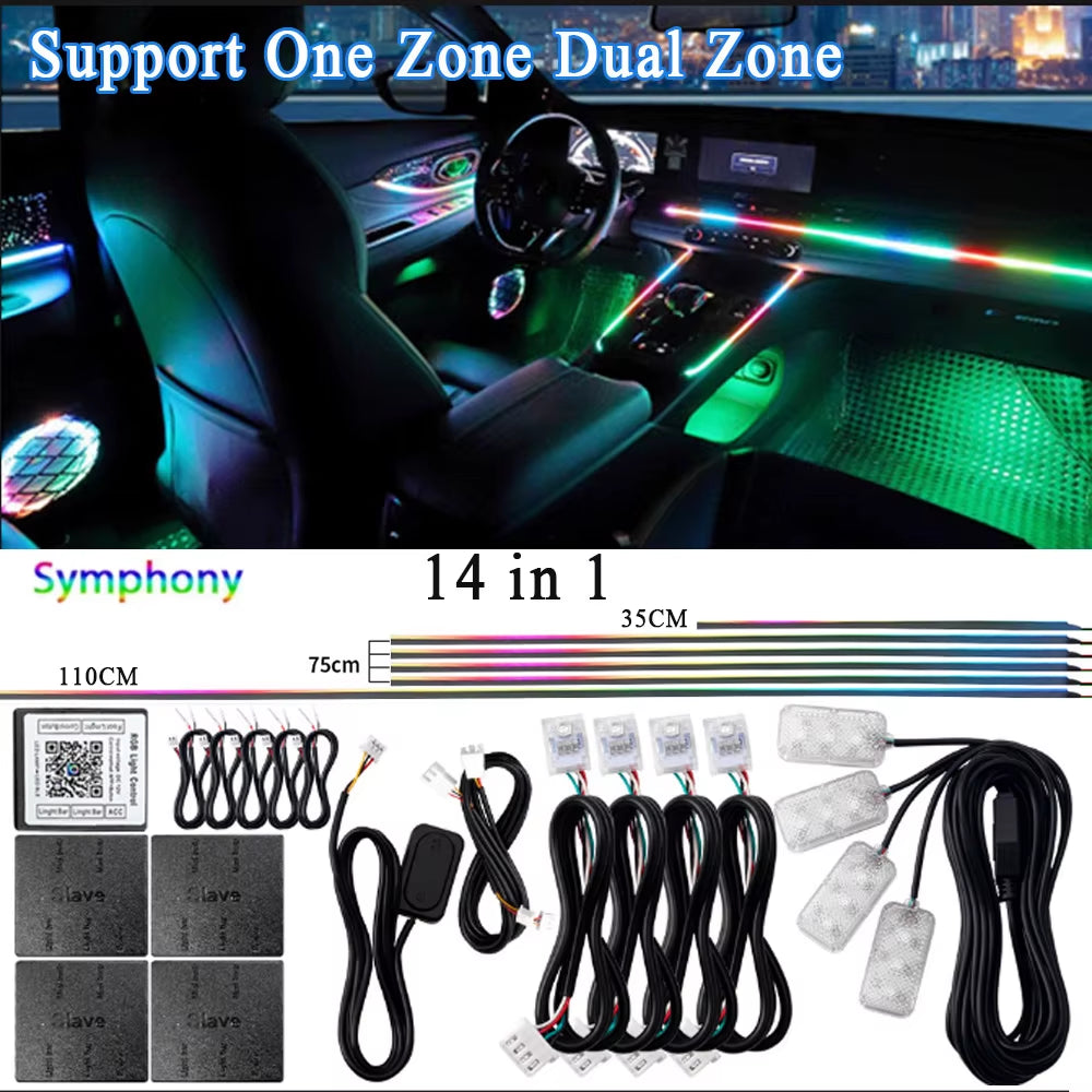 14/18 in 1 Led Acrylic Car Ambient Light RGB 64 213 Color Symphony Acrylic APP Streamer Atmosphere Lamp Kit One Zone Dual Zone