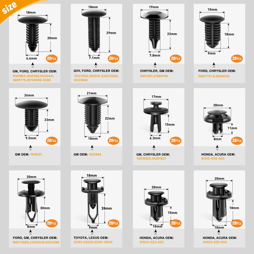 - GRC-33 240PCS Bumper Retainer Clips Car Plastic Rivets Fasteners Push Retainer Kit Most Popular Sizes Auto Push Pin Rivets Set -Door Trim Panel Fender Clips for GM Ford Toyota Honda Chrysler