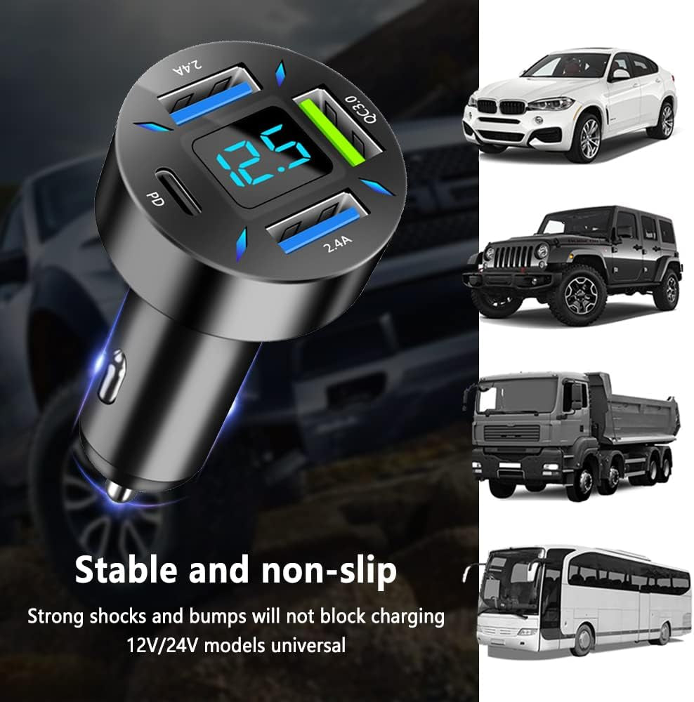 66W Super Fast Car Charger with USB PD & QC 3.0 - Universal Quick Charge for 12-24V Vehicles, Compatible with iPhone 14/13/12, Samsung S22/S21/S20, iPad - Voltmeter & LED Lights (Black)