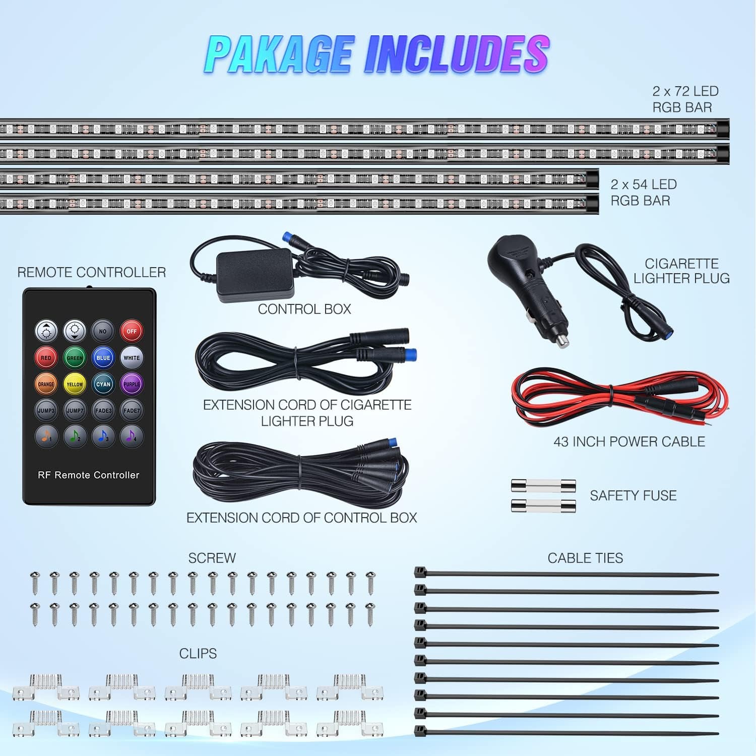 4Pcs Car Underglow Neon Accent Strip Lights 252 Leds RGB 8 Color Sound Active Function Music Mode with Wireless Remote Control Underbody Light Strips for Cars Van SUV Truck