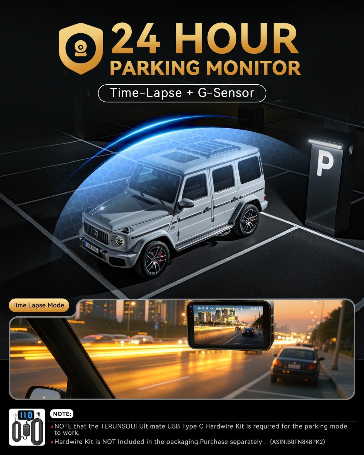 Ultra HD 4K Front and Rear Dash Cam with Free 128GB Card, 5.8GHz WiFi, GPS, G-Sensor, 170° Wide Angle, 3" IPS Screen, 24H Parking Mode, Supports Up to 512GB