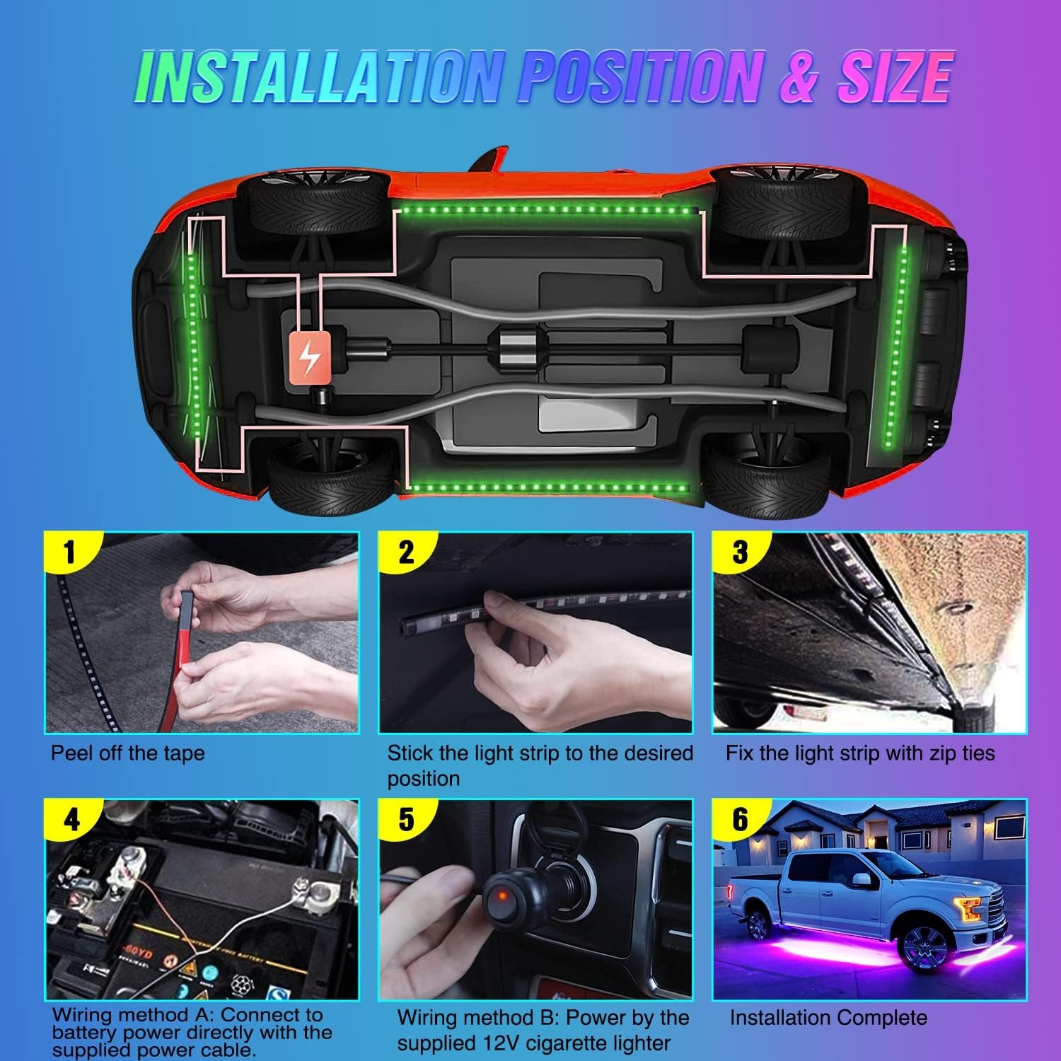 4Pcs Car Underglow Neon Accent Strip Lights 252 Leds RGB 8 Color Sound Active Function Music Mode with Wireless Remote Control Underbody Light Strips for Cars Van SUV Truck