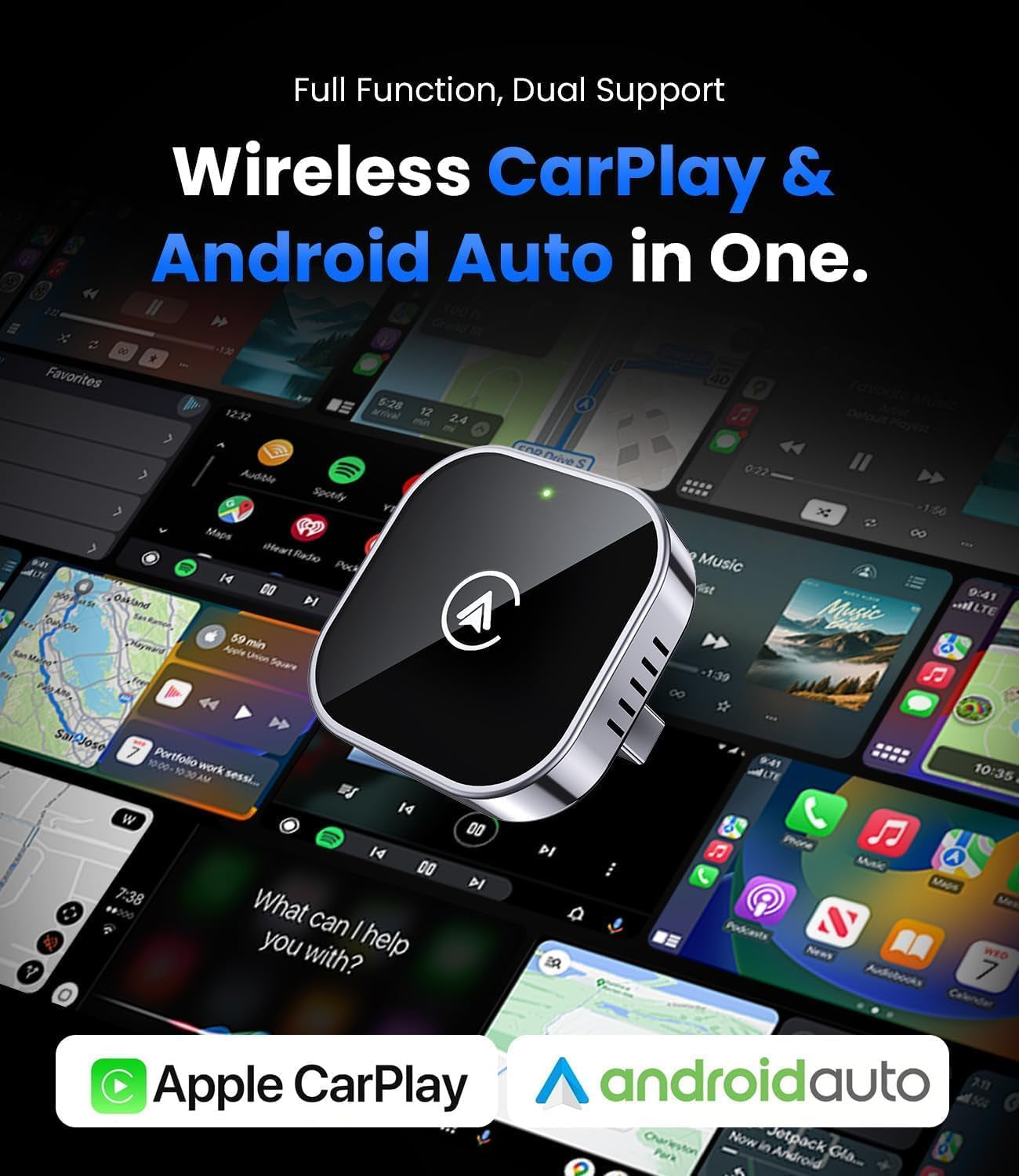 2 in 1 Wireless Carplay and Android Auto Adapter, Easy Setup Plug and Play, Fast Seamless Use Supports 1000+ Car'S with Built-In Wired Car Play/Android Auto, Compact Sleek Design Car Adapter
