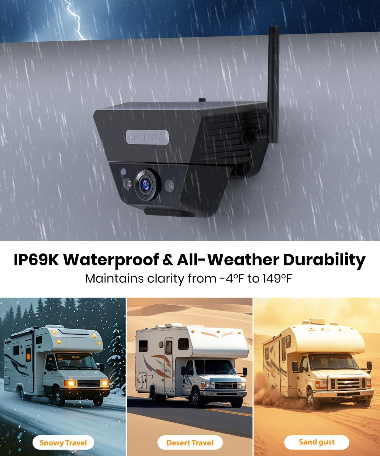 AUTO VOX Wireless Backup Camera Solar Magnetic: with 7.2" DVR 1080P 2 Split Recording Monitor, Dual Antenna Stable Signal,Ip69K & 1-Min Install,Hd IR Night Vision for Truck, Trailer, RV, Camper