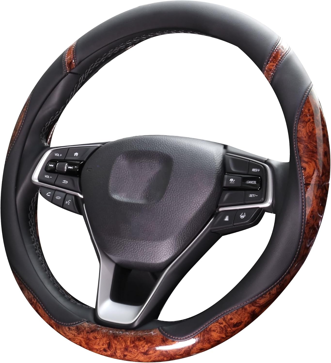 Car Steering Wheel Cover for Men and Women Microfiber Leather Universal Fit 14 1/2-15 Inch Elasticity Protector Accessories Non-Slip Breathable Soft and Comfortable(Wood Grain+Black)